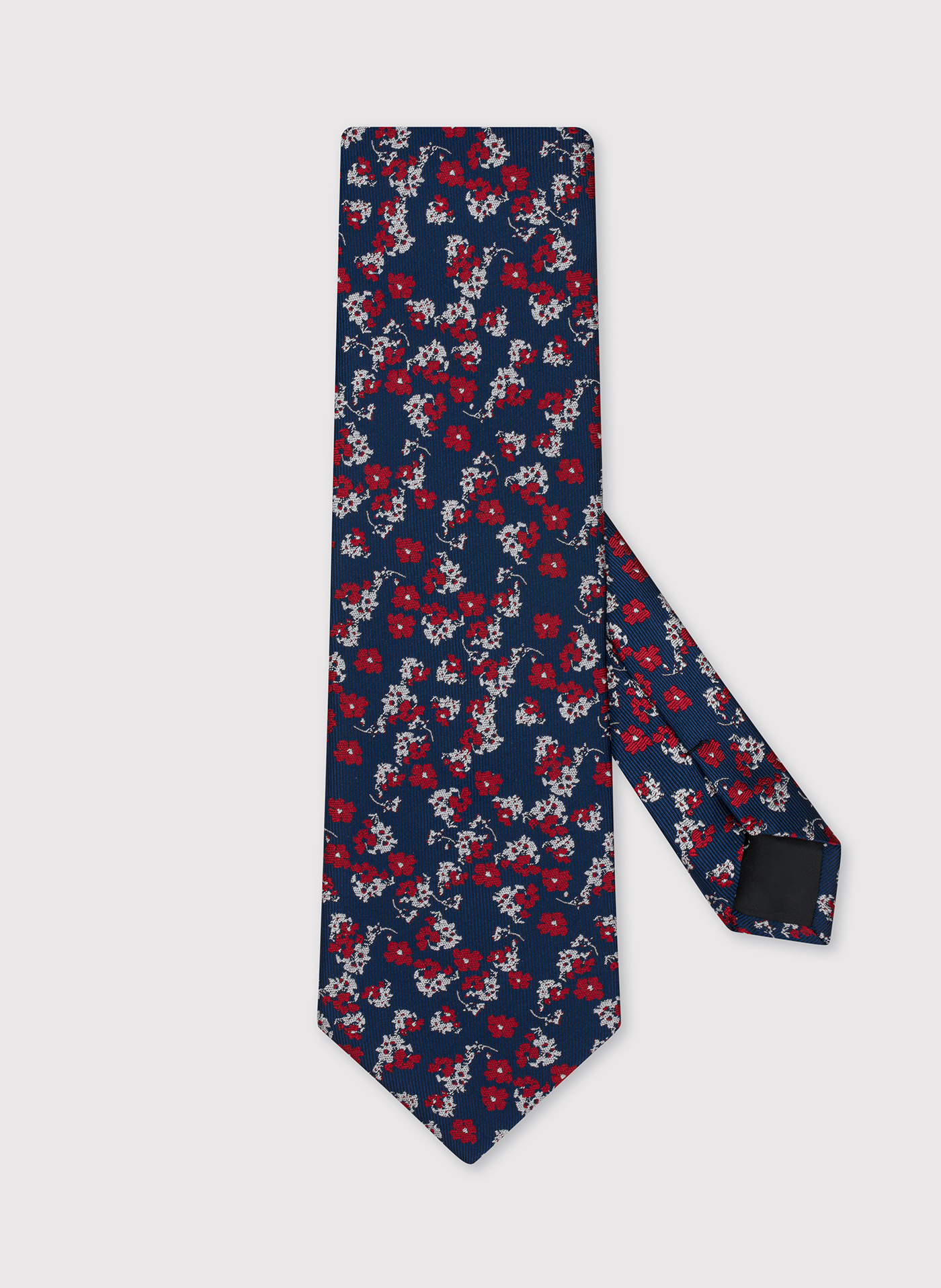Granatowy krawat męski w czerwono-srebrne kwiaty P22SF-KX-025-X-0
