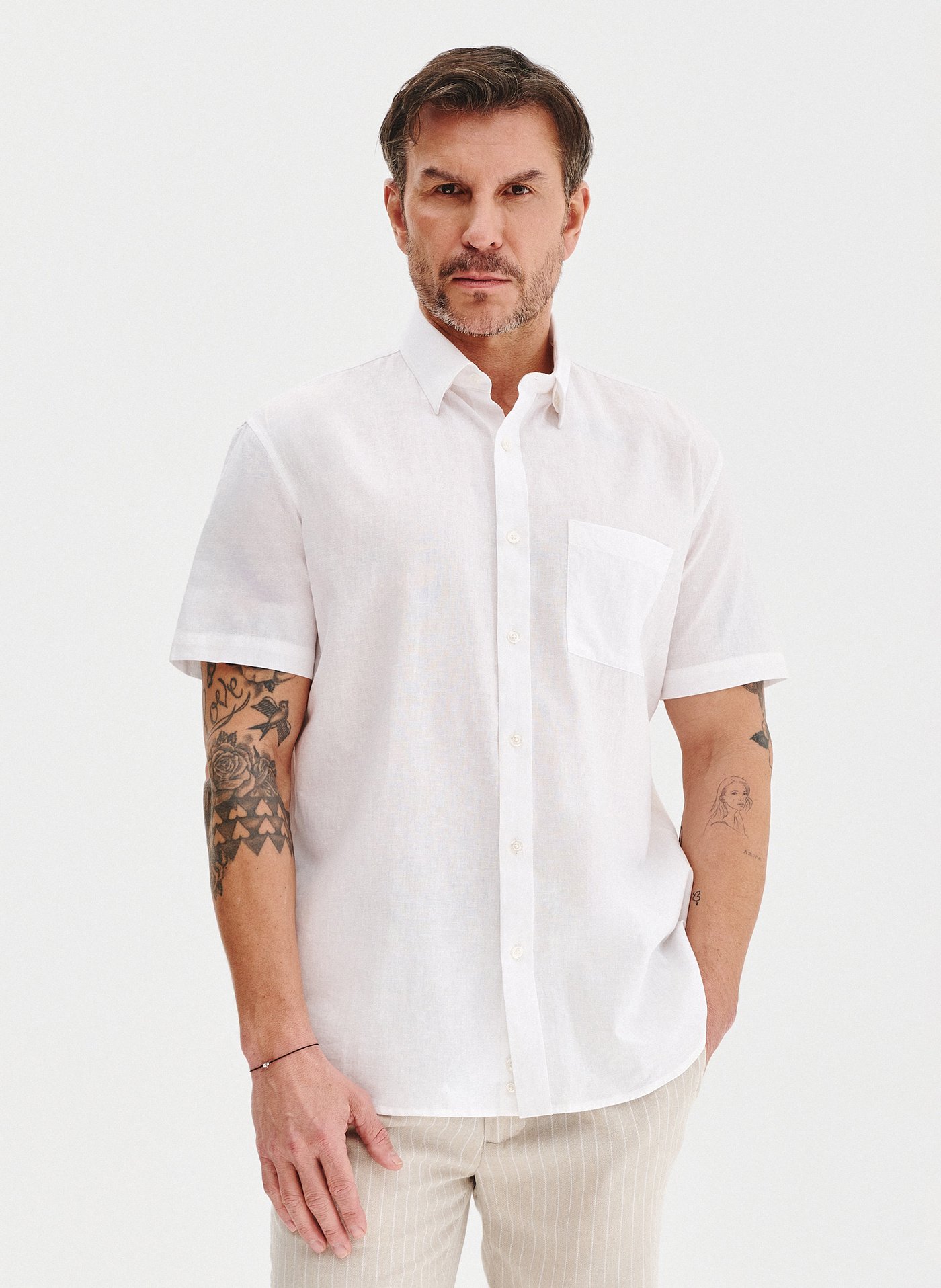 PAKO LORENTE - Lniana biała koszula z krótkim rękawem