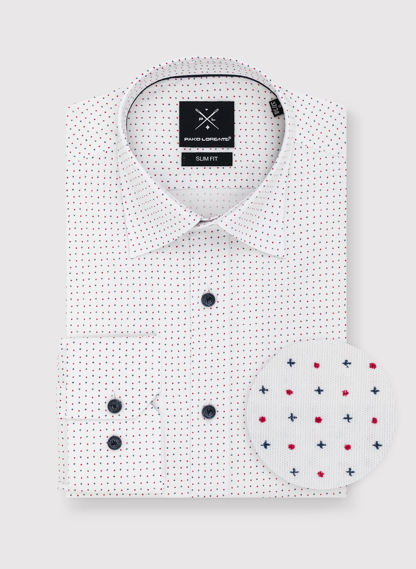 PAKO LORENTE – Biała koszula w granatowo-czerwony mikrowzór