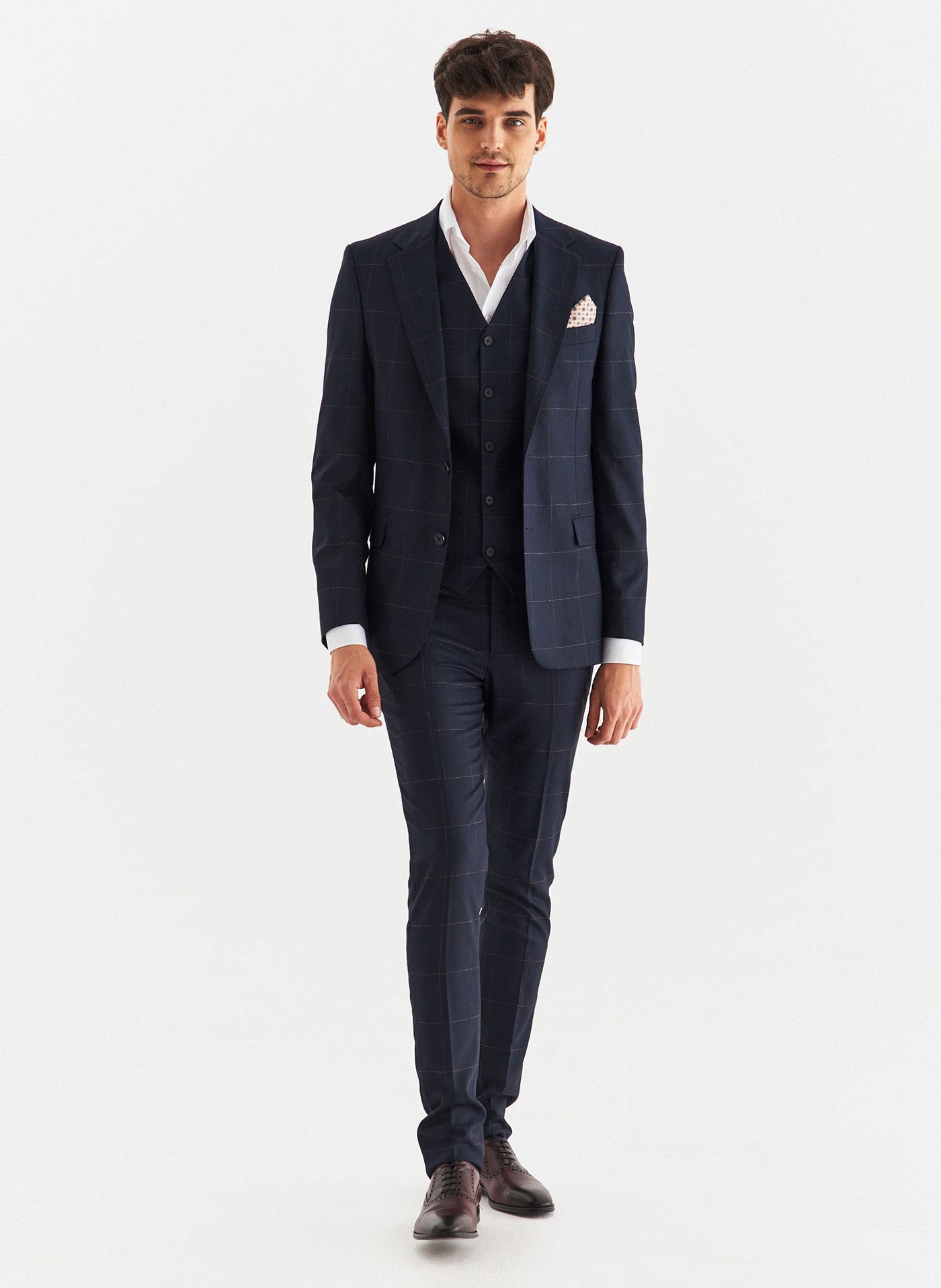 PAKO LORENTE – Granatowe spodnie garniturowe w kratę Windowpane