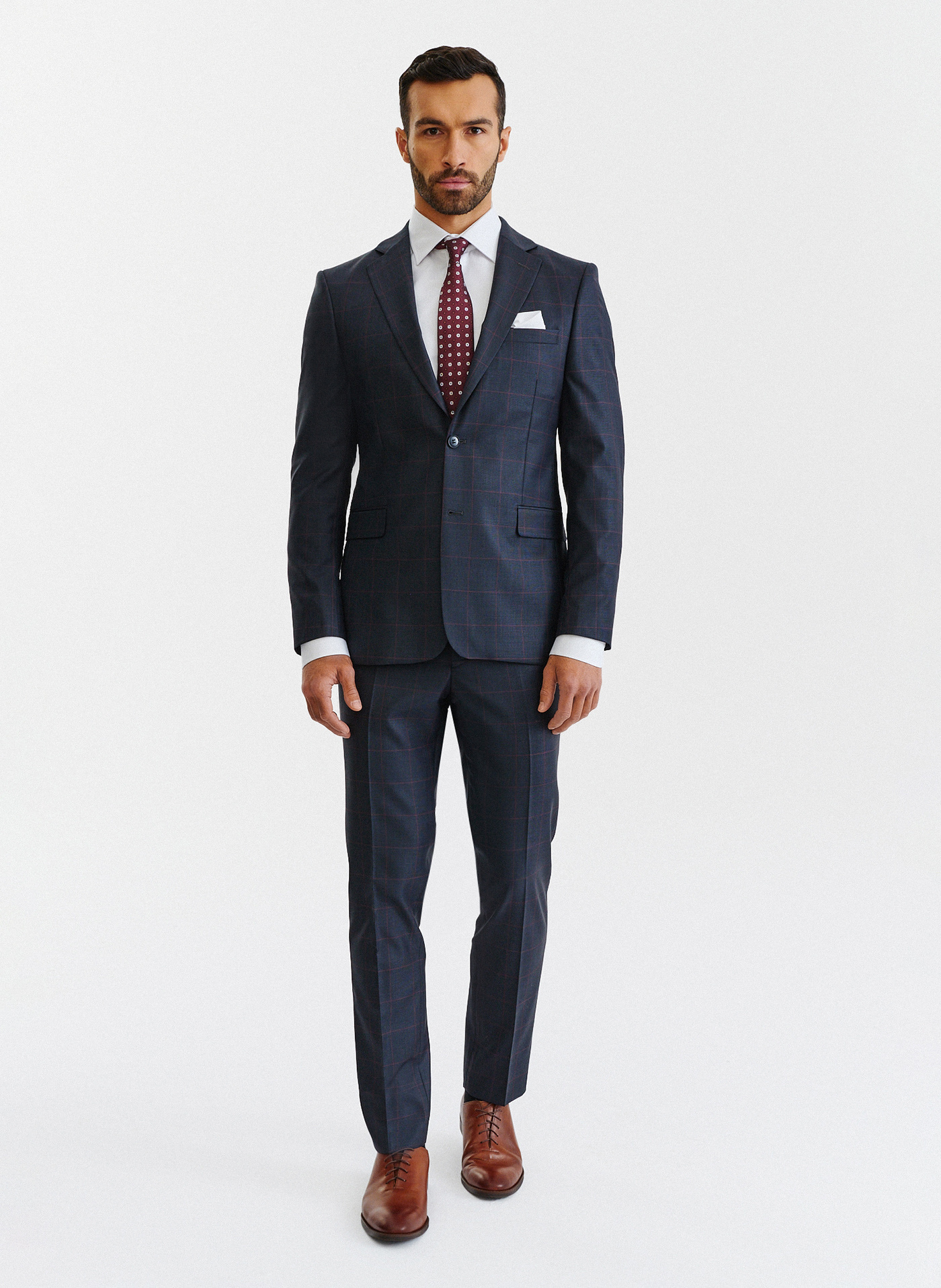PAKO LORENTE – Granatowe spodnie garniturowe w bordową kratę Windowpane
