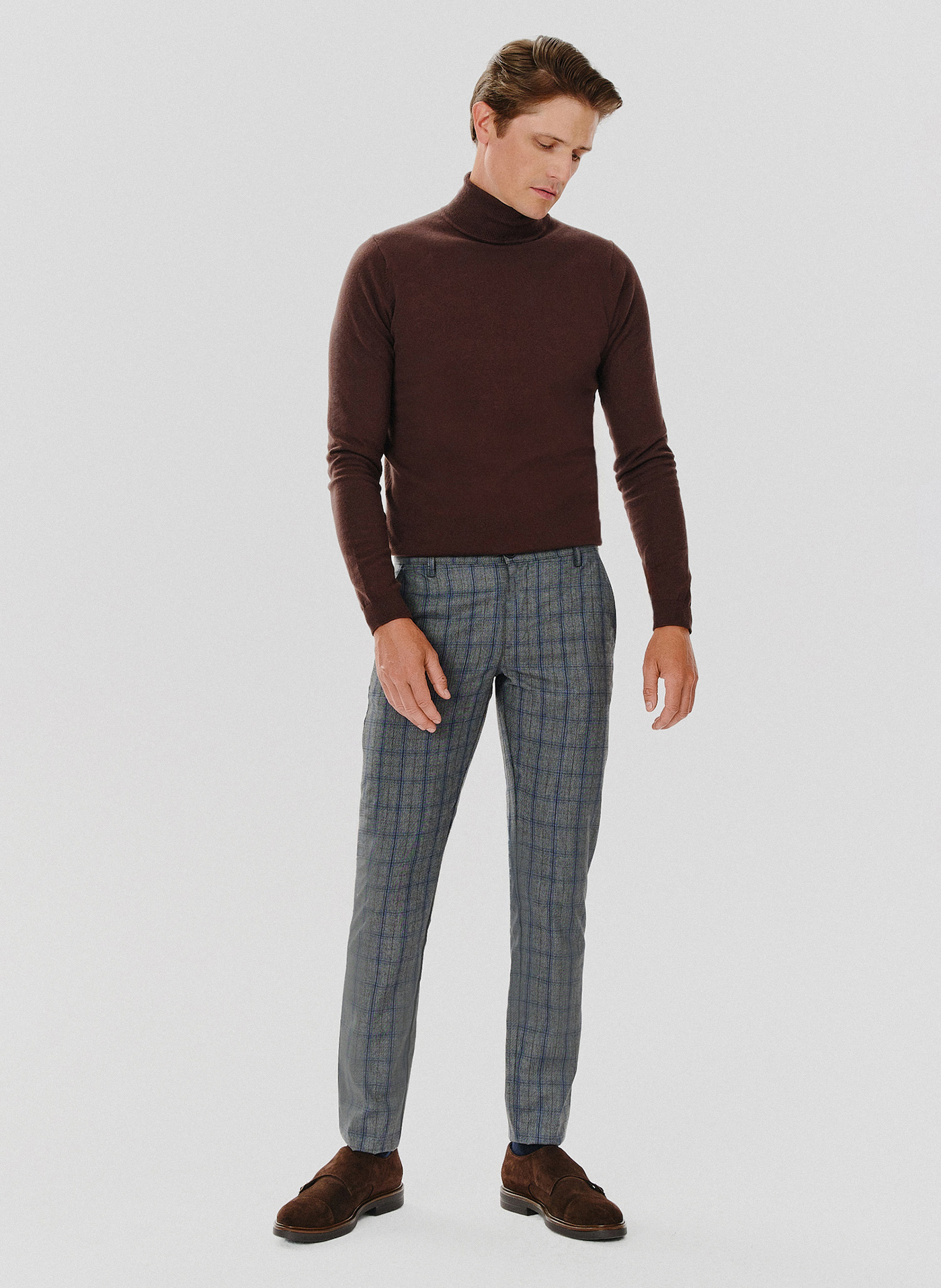 PAKO LORENTE – Szare spodnie męskie w niebieską kratę