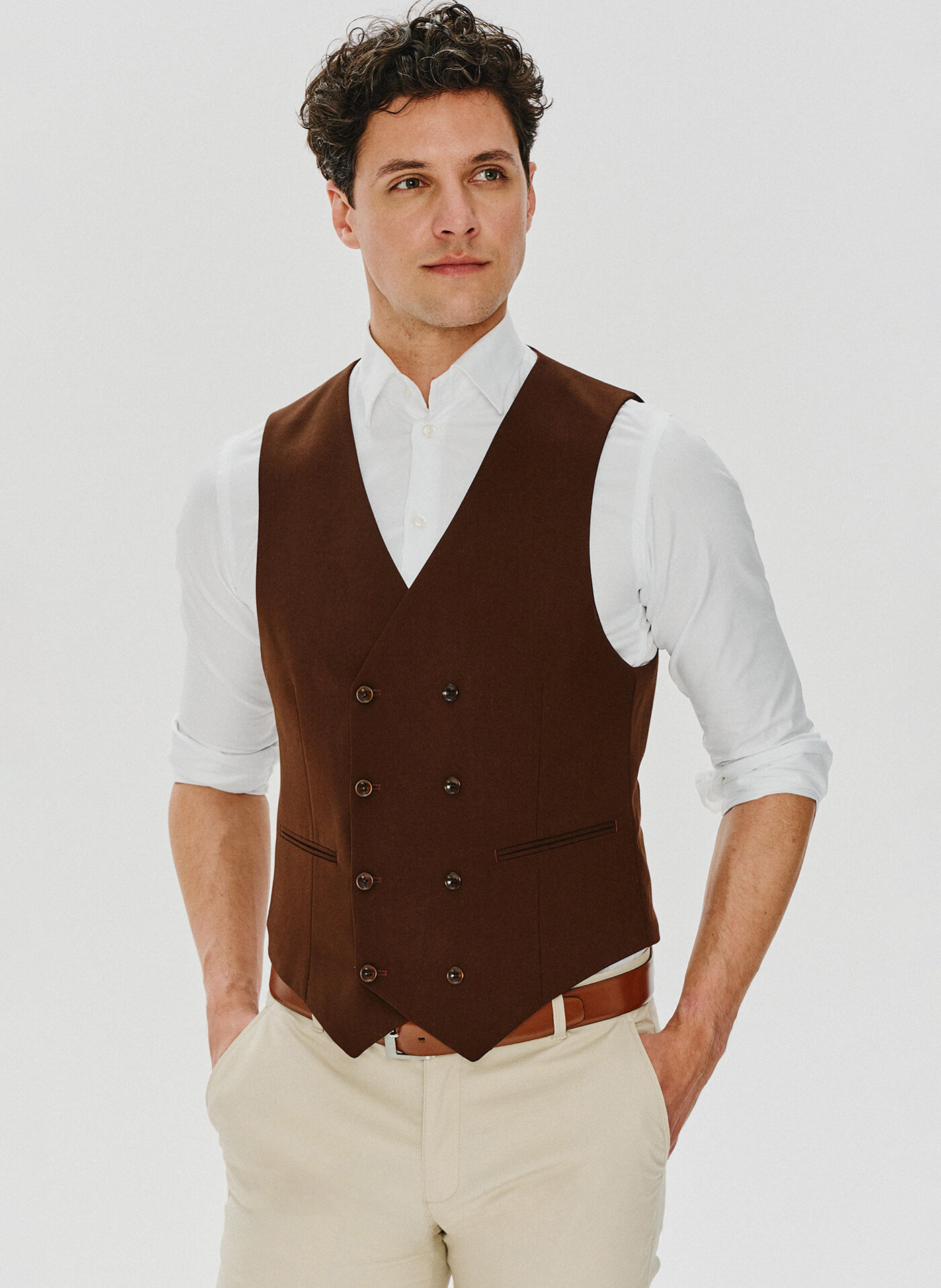 PAKO LORENTE – Brązowa dwurzędowa kamizelka męska