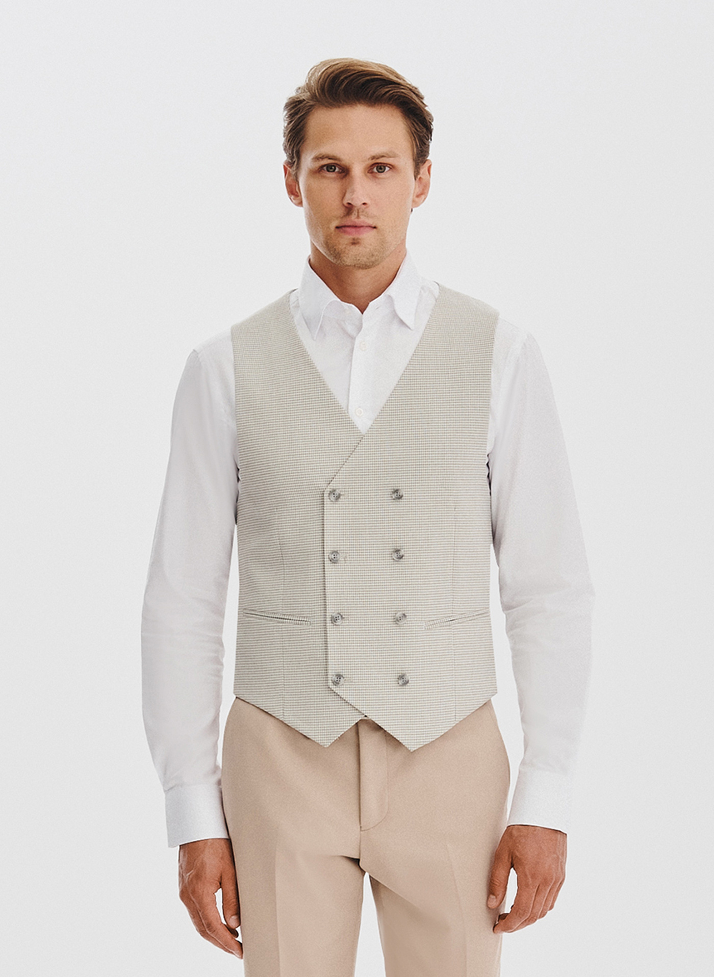 PAKO LORENTE - Beżowa dwurzędowa kamizelka w drobną kratę