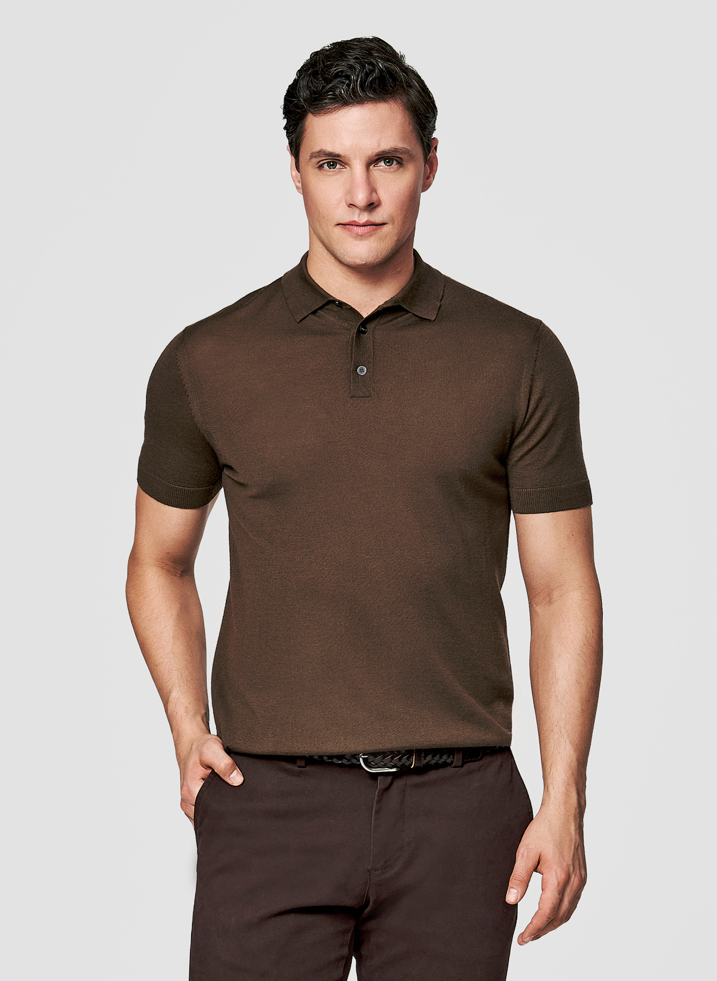 PAKO LORENTE - Brązowe polo swetrowe z wełny merino