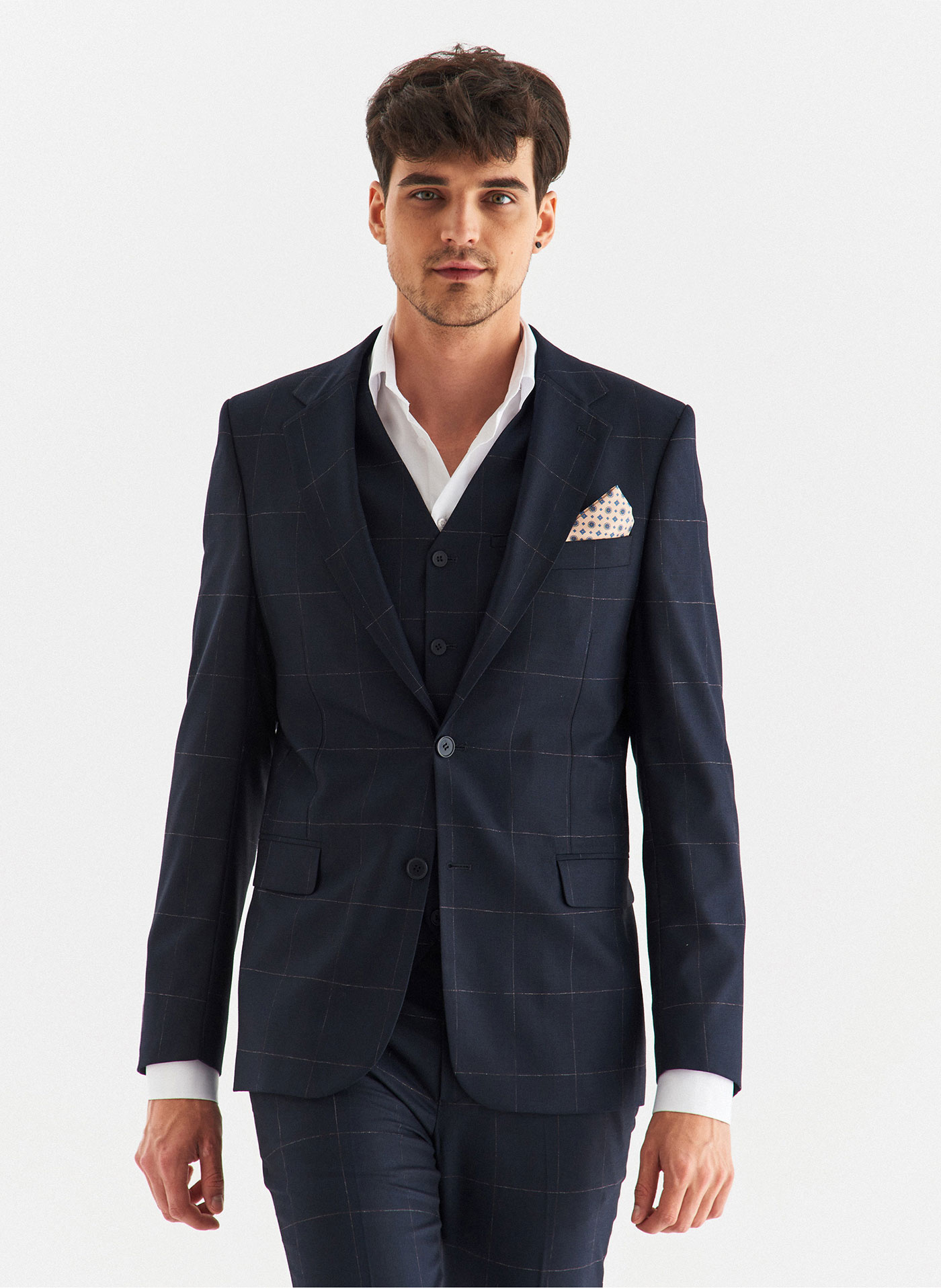 PAKO LORENTE – Granatowa marynarka garniturowa w kratę Windowpane
