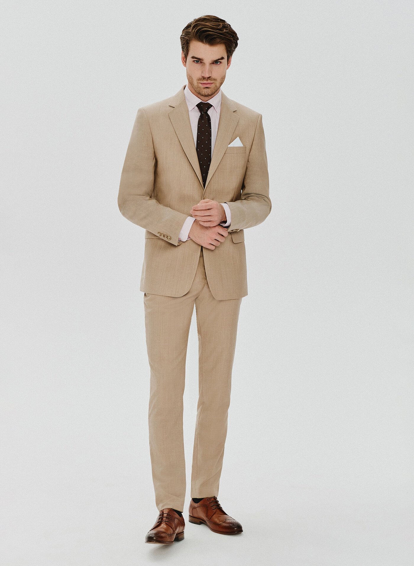 PAKO LORENTE – Beżowe wełniane spodnie męskie