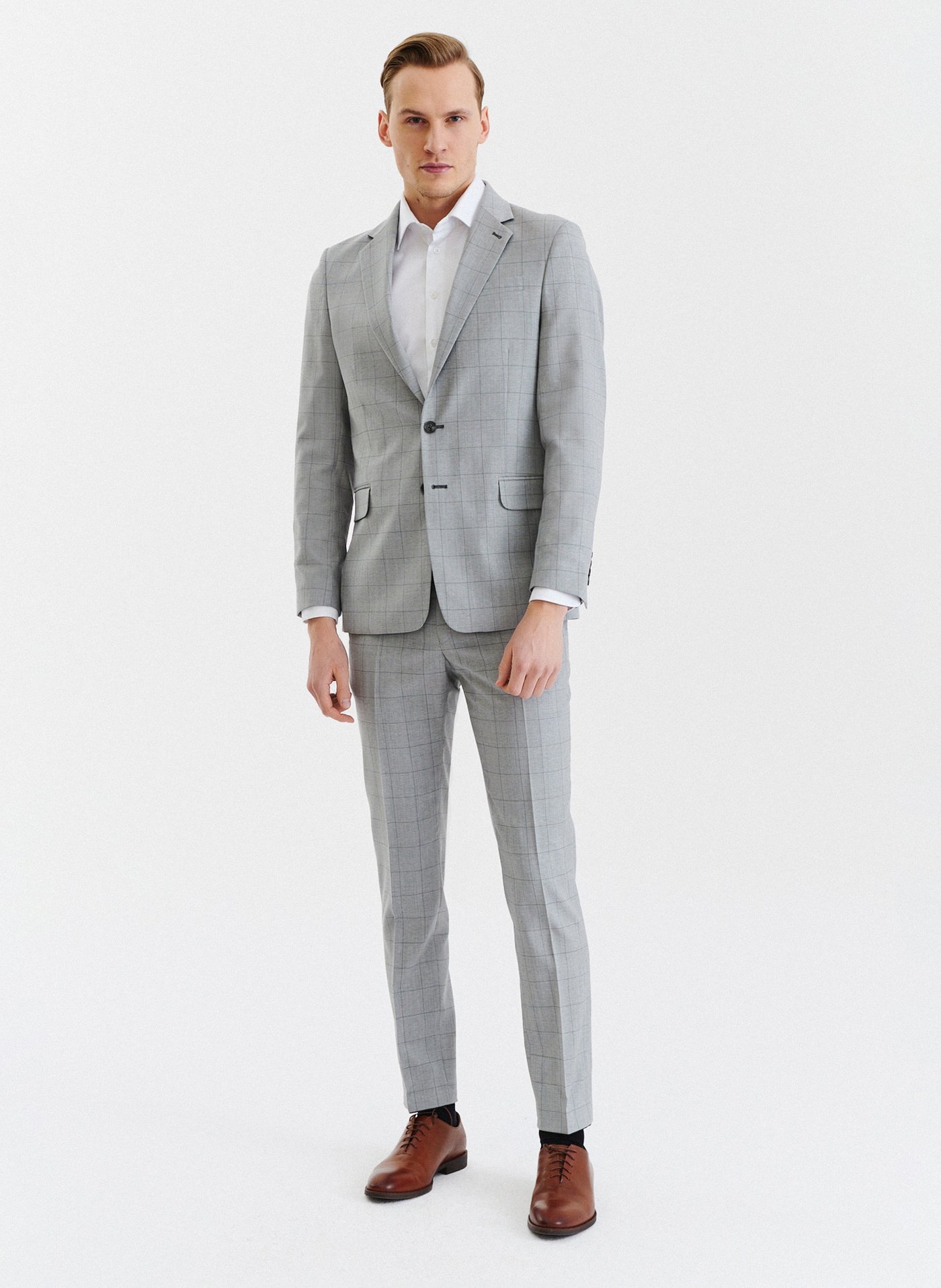 PAKO LORENTE – Szare wełniane spodnie garniturowe w kratę