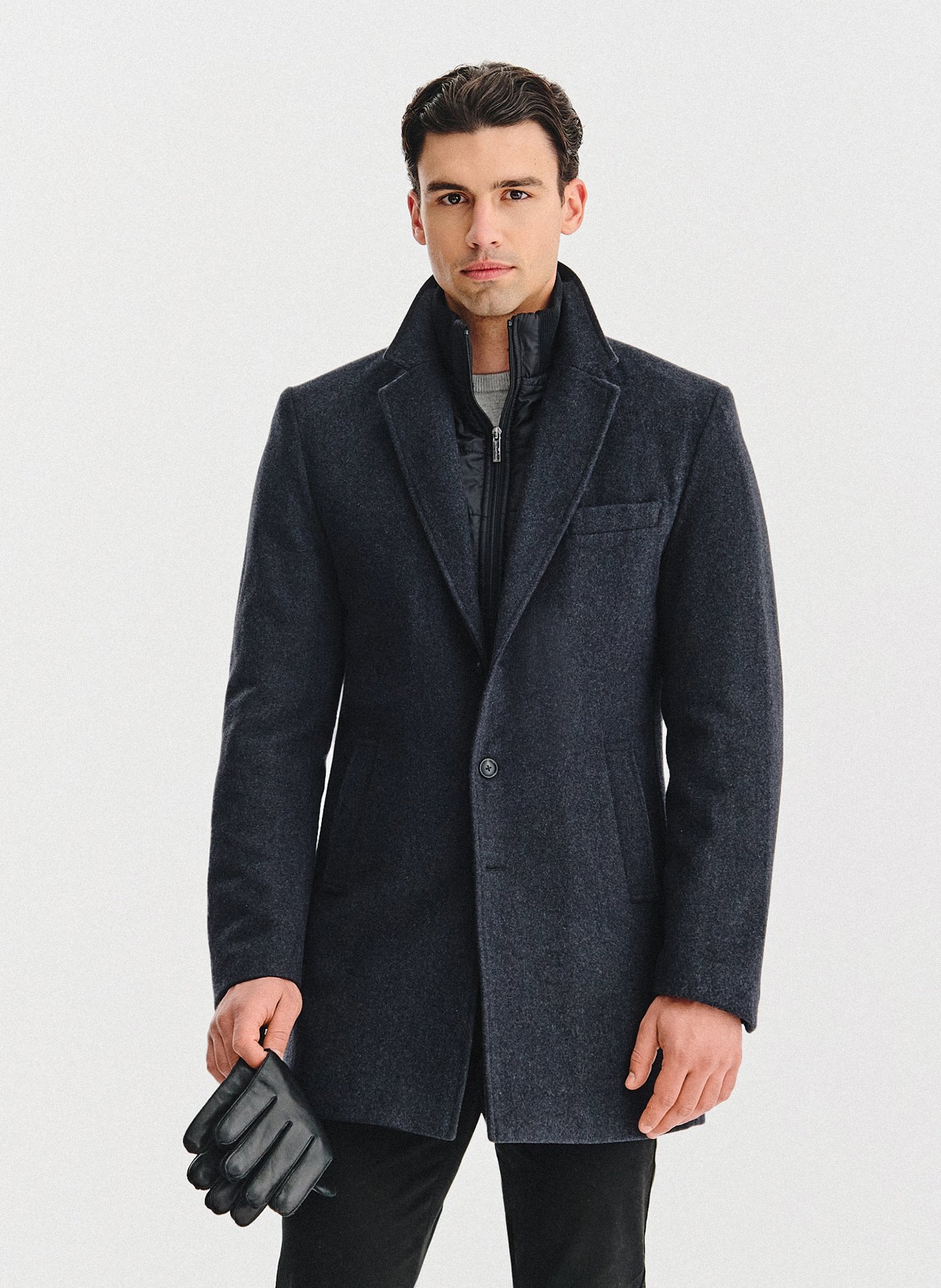 PAKO LORENTE - Grafitowy płaszcz męski z odpinanym kołnierzem