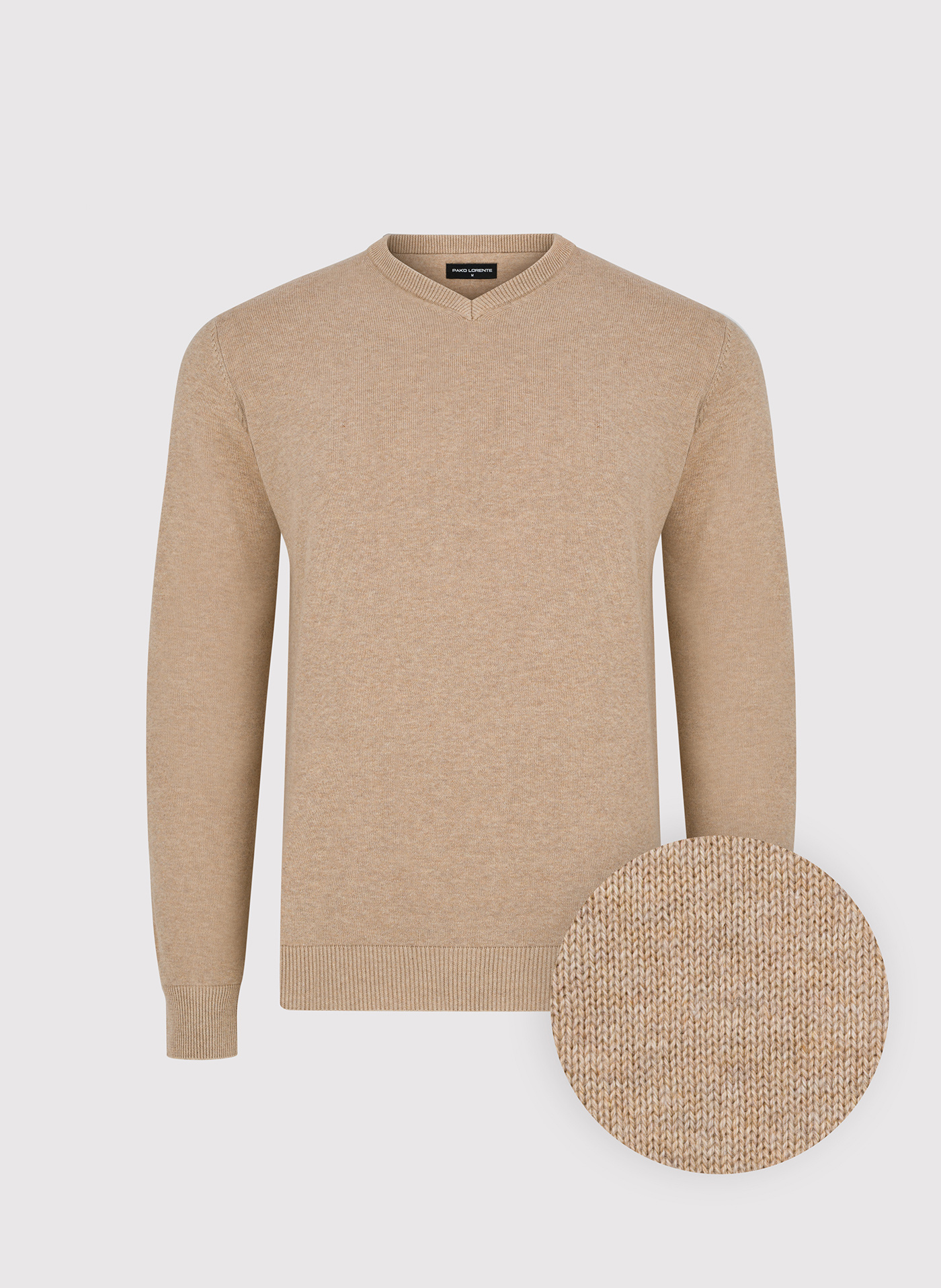 PAKO LORENTE - Beżowy sweter męski z dekoltem w serek