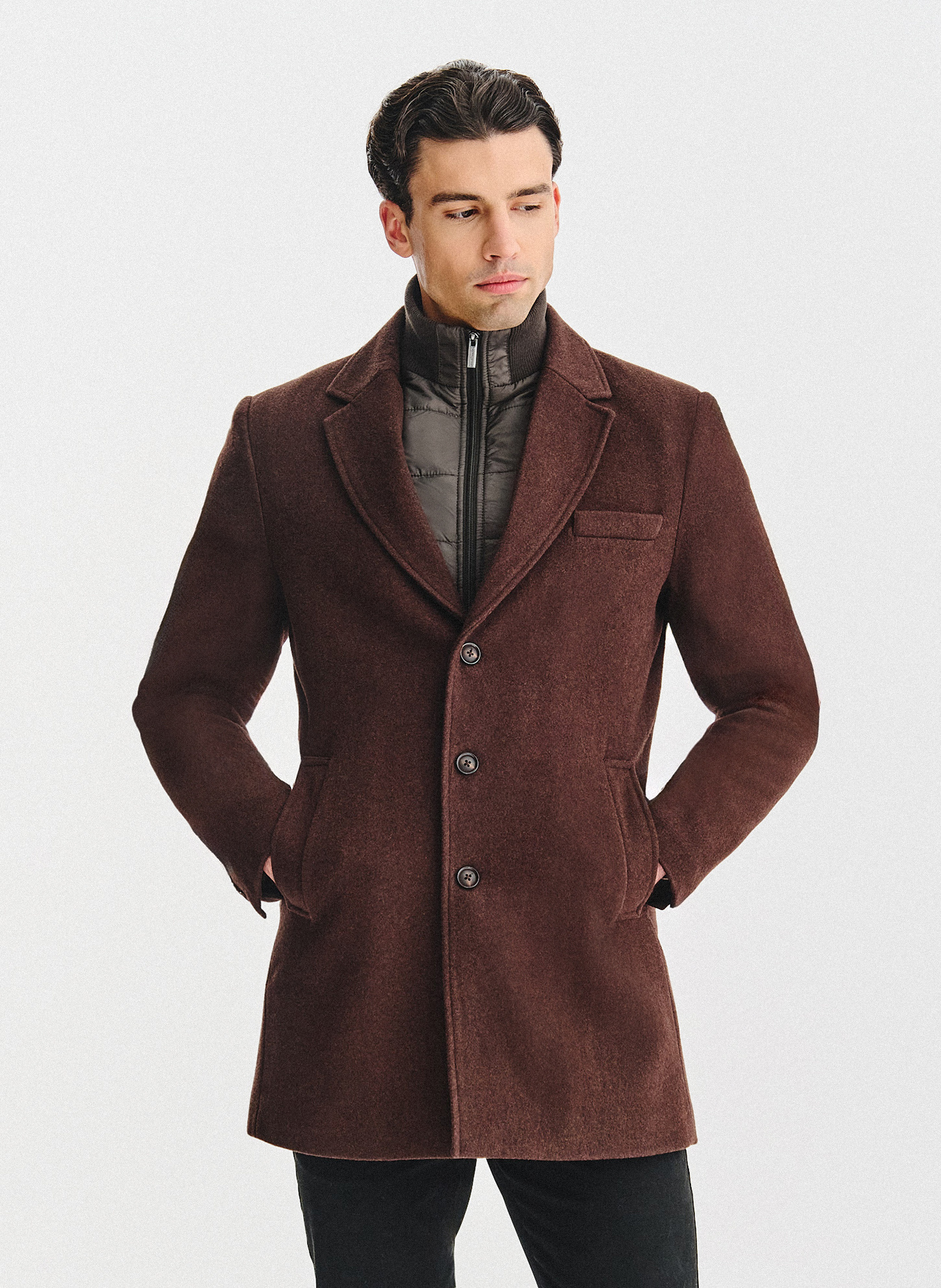 PAKO LORENTE - Brązowy płaszcz męski z odpinanym kołnierzem