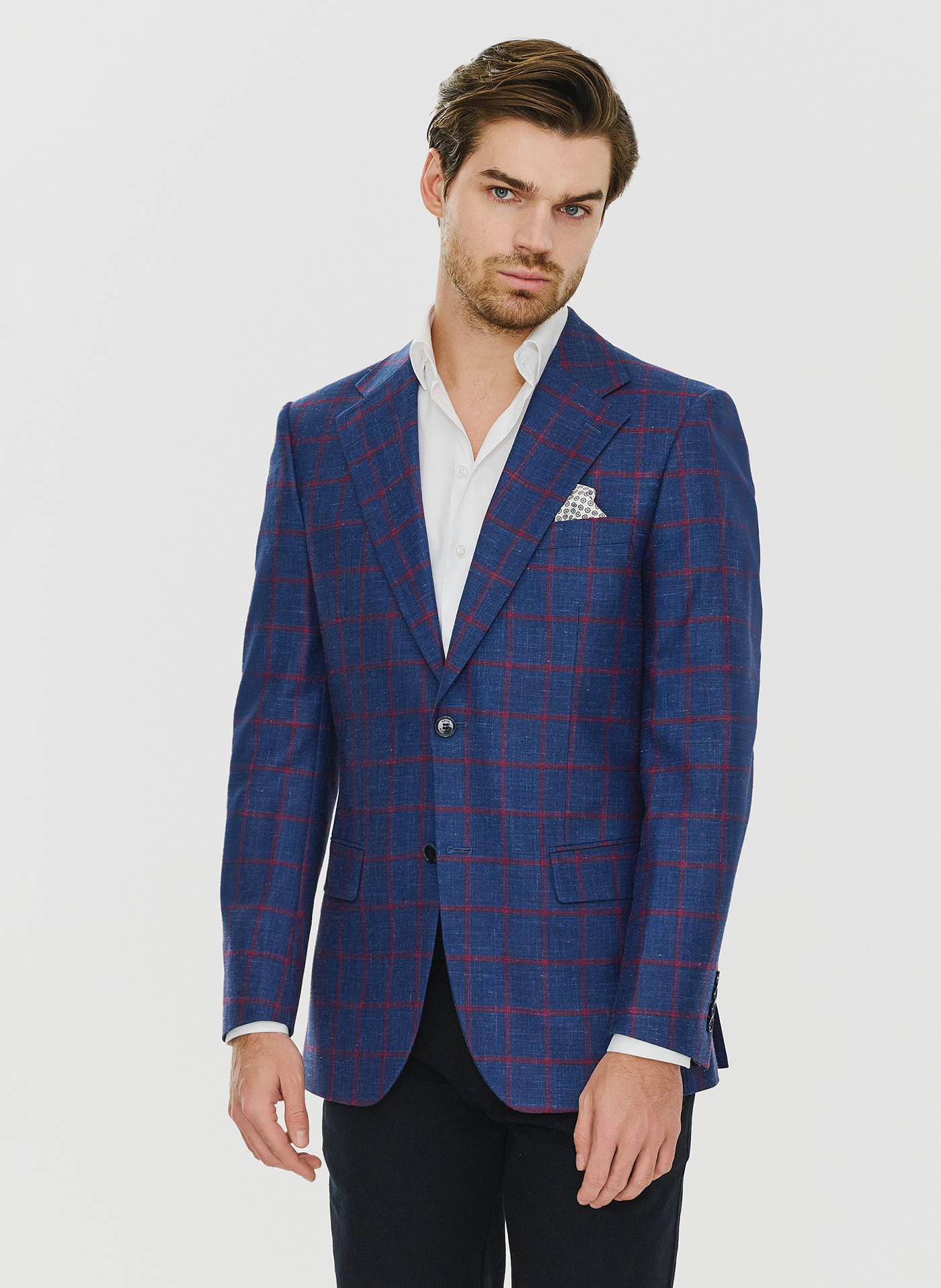 PAKO LORENTE – Granatowa marynarka w czerwoną kratę