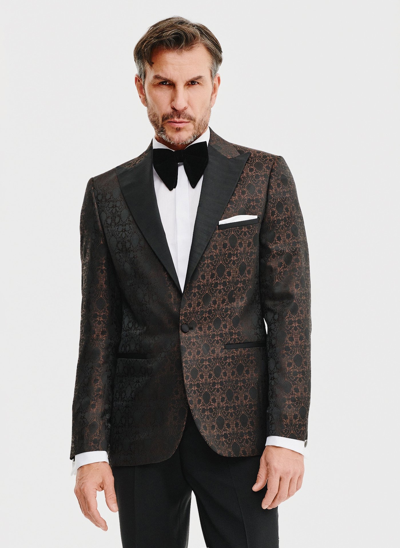 PAKO LORENTE – Brązowa żakardowa marynarka smokingowa