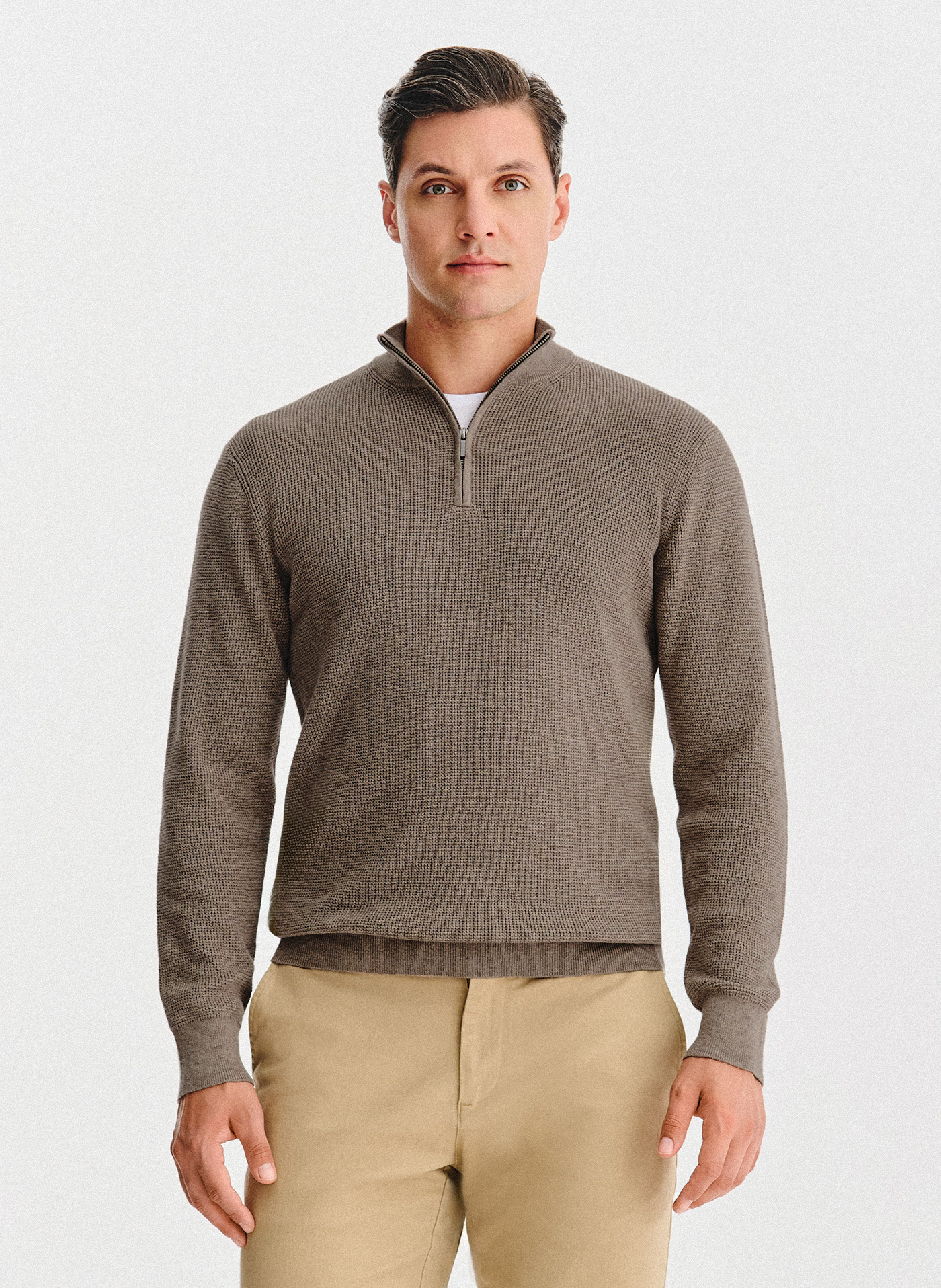 PAKO LORENTE - Brązowy sweter z rozpinaną stójką