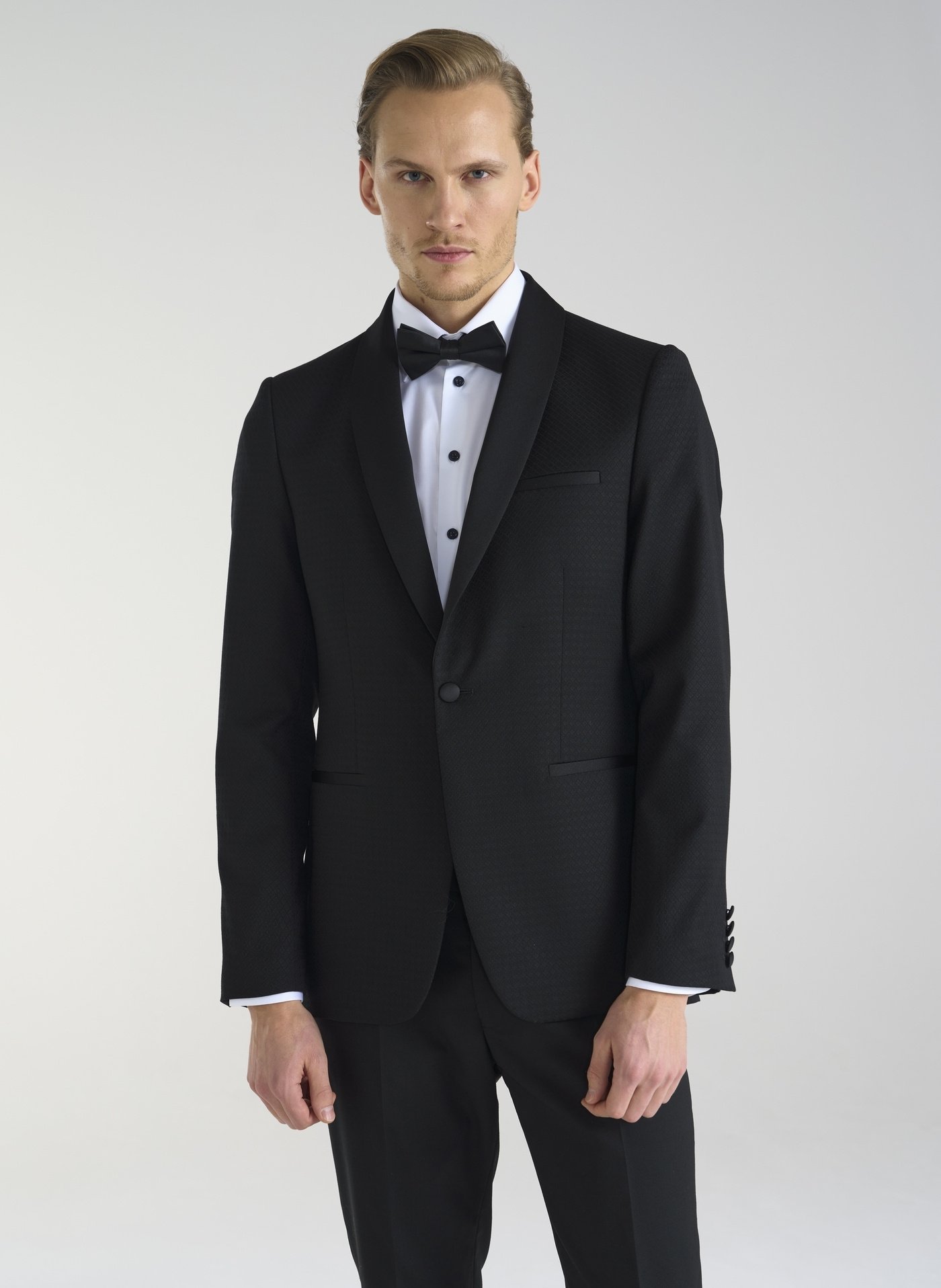 PAKO LORENTE – Wełniana czarna marynarka smokingowa w mikrowzór