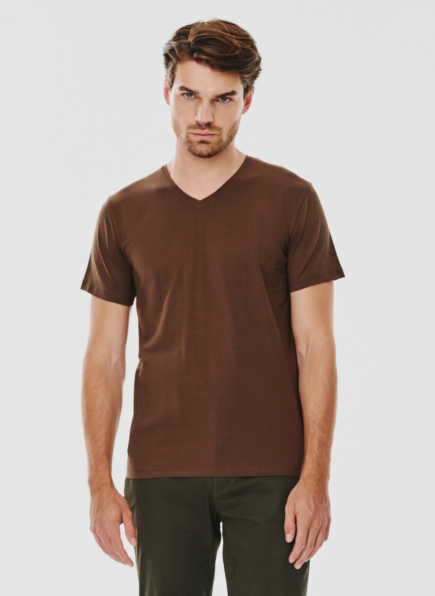 PAKO LORENTE – Brązowy gładki t-shirt v-neck