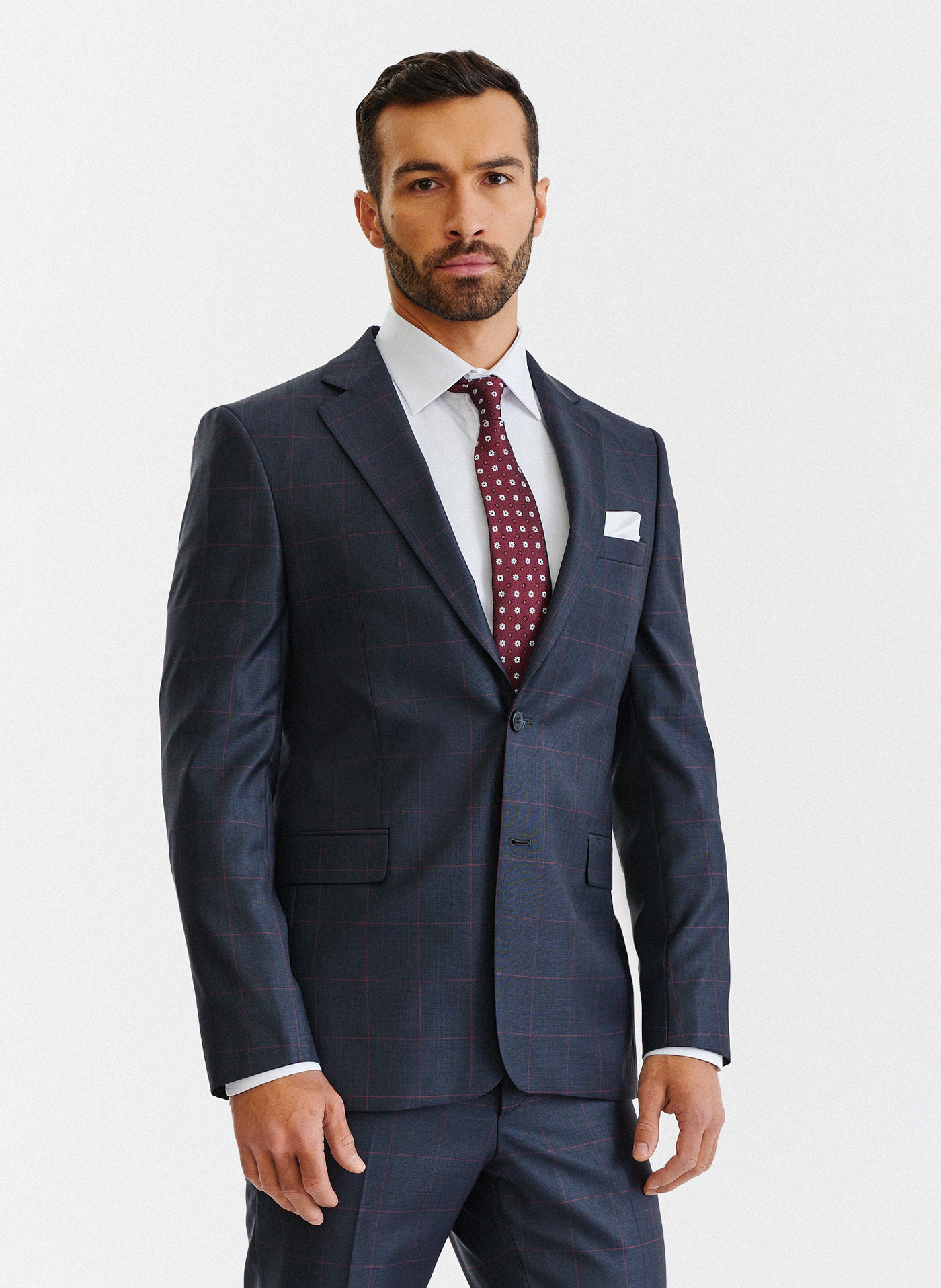 PAKO LORENTE – Granatowa marynarka garniturowa w bordową kratę Windowpane