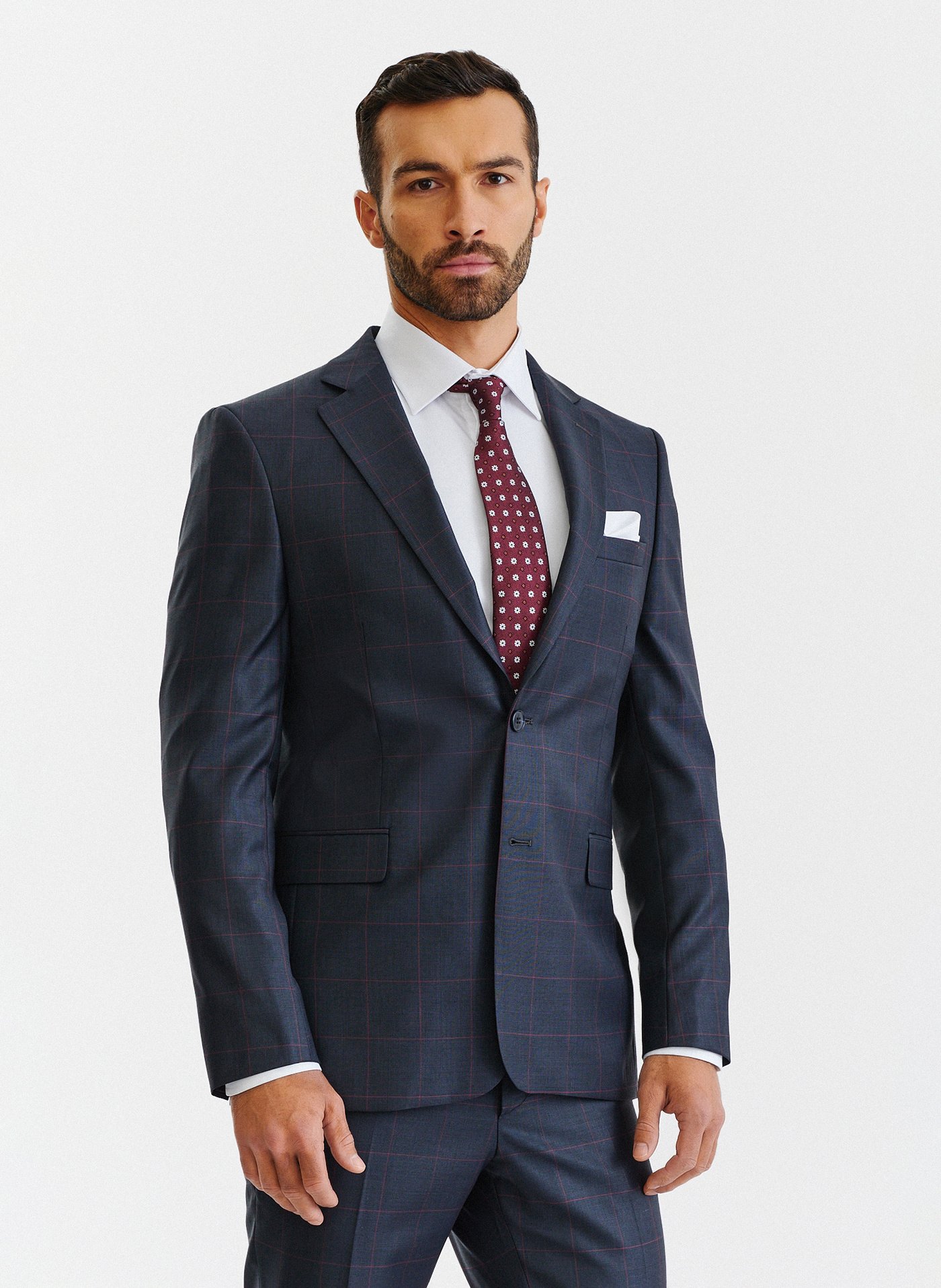 PAKO LORENTE – Granatowa marynarka garniturowa w bordową kratę Windowpane