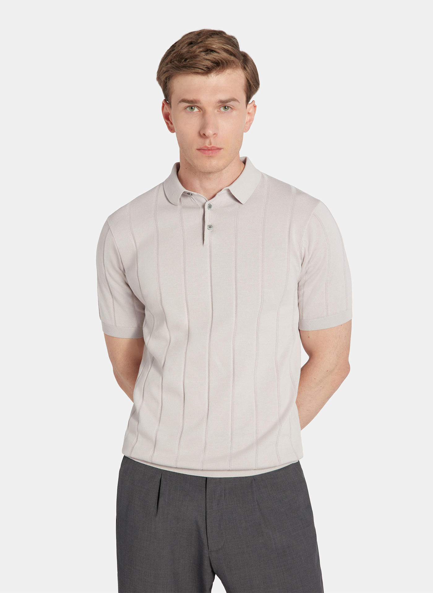 PAKO LORENTE - Beżowe polo swetrowe w prążek