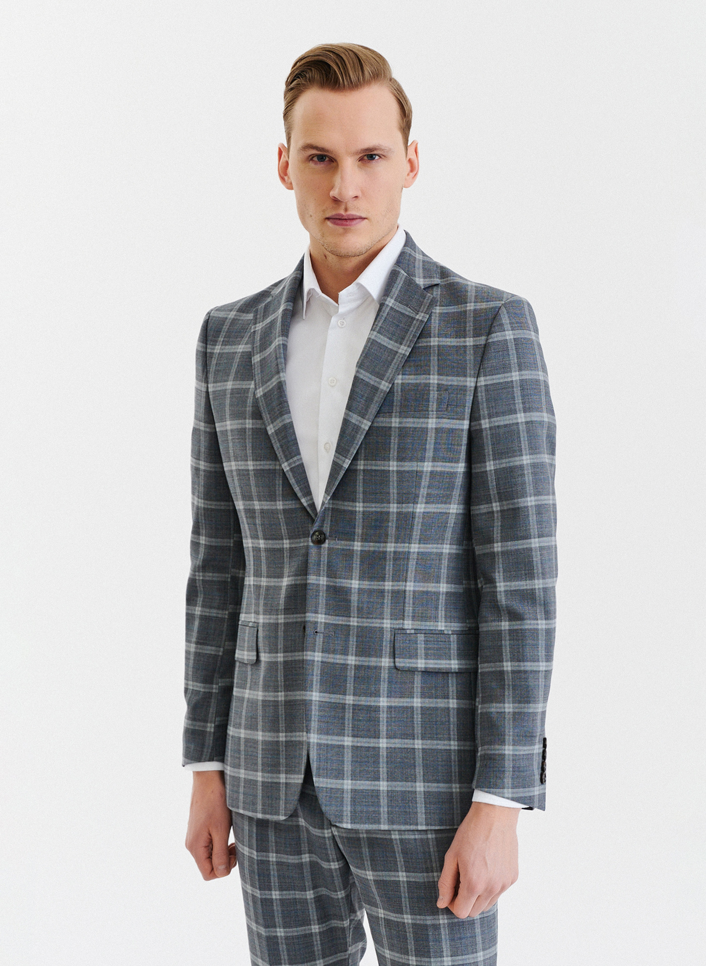 PAKO LORENTE – Szara marynarka garniturowa w kratę z wełną