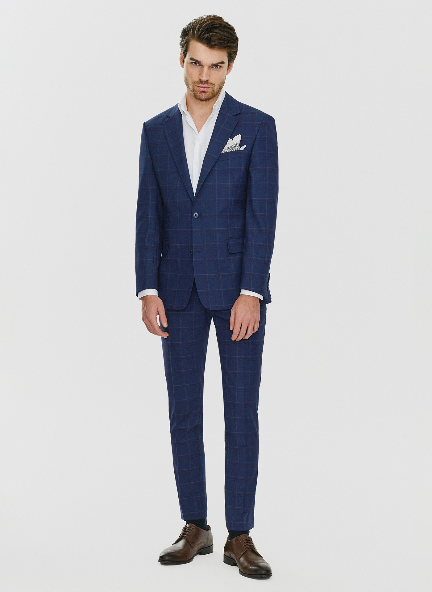 PAKO LORENTE – Granatowe spodnie garniturowe w czerwono-niebieską kratkę