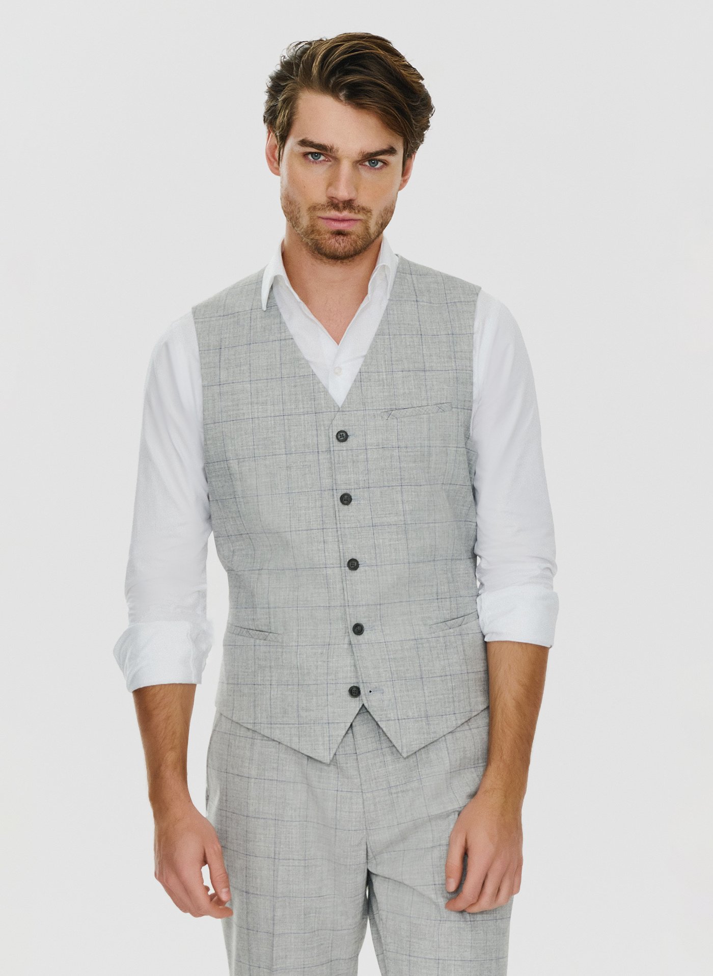 PAKO LORENTE – Szara kamizelka męska w granatową kratkę