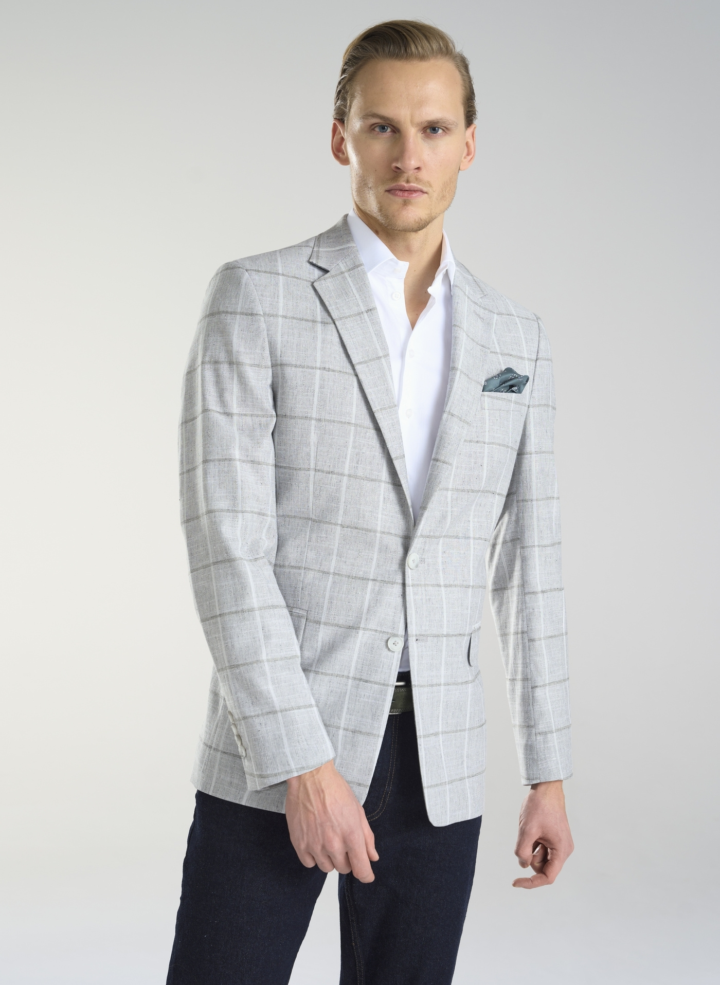 PAKO LORENTE – Jasnoszara marynarka męska w kratkę