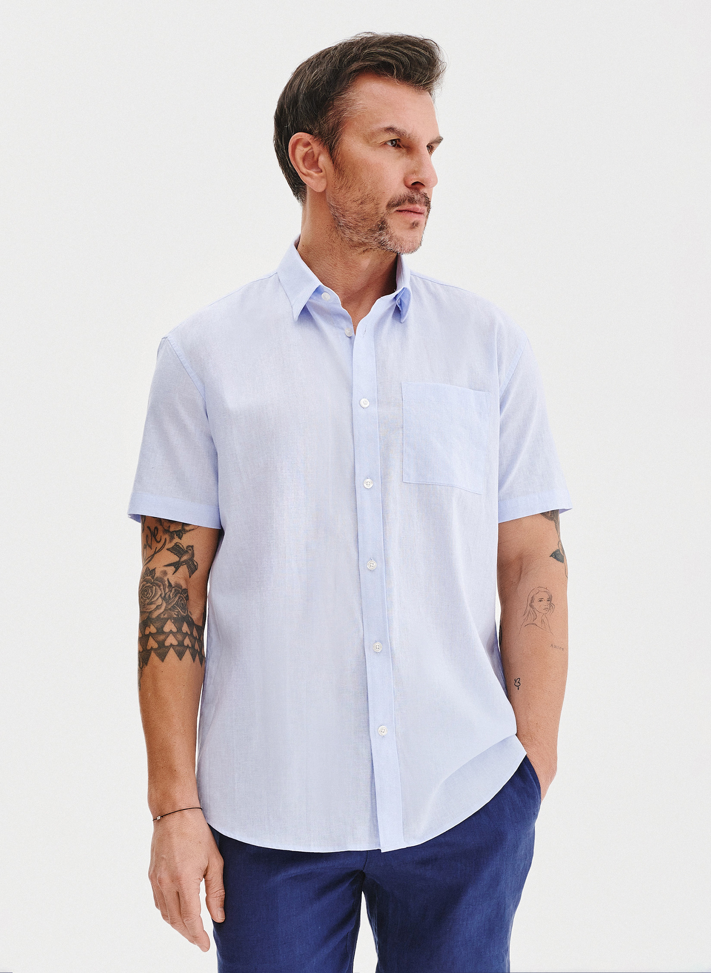 PAKO LORENTE - Lniana niebieska koszula z krótkim rękawem