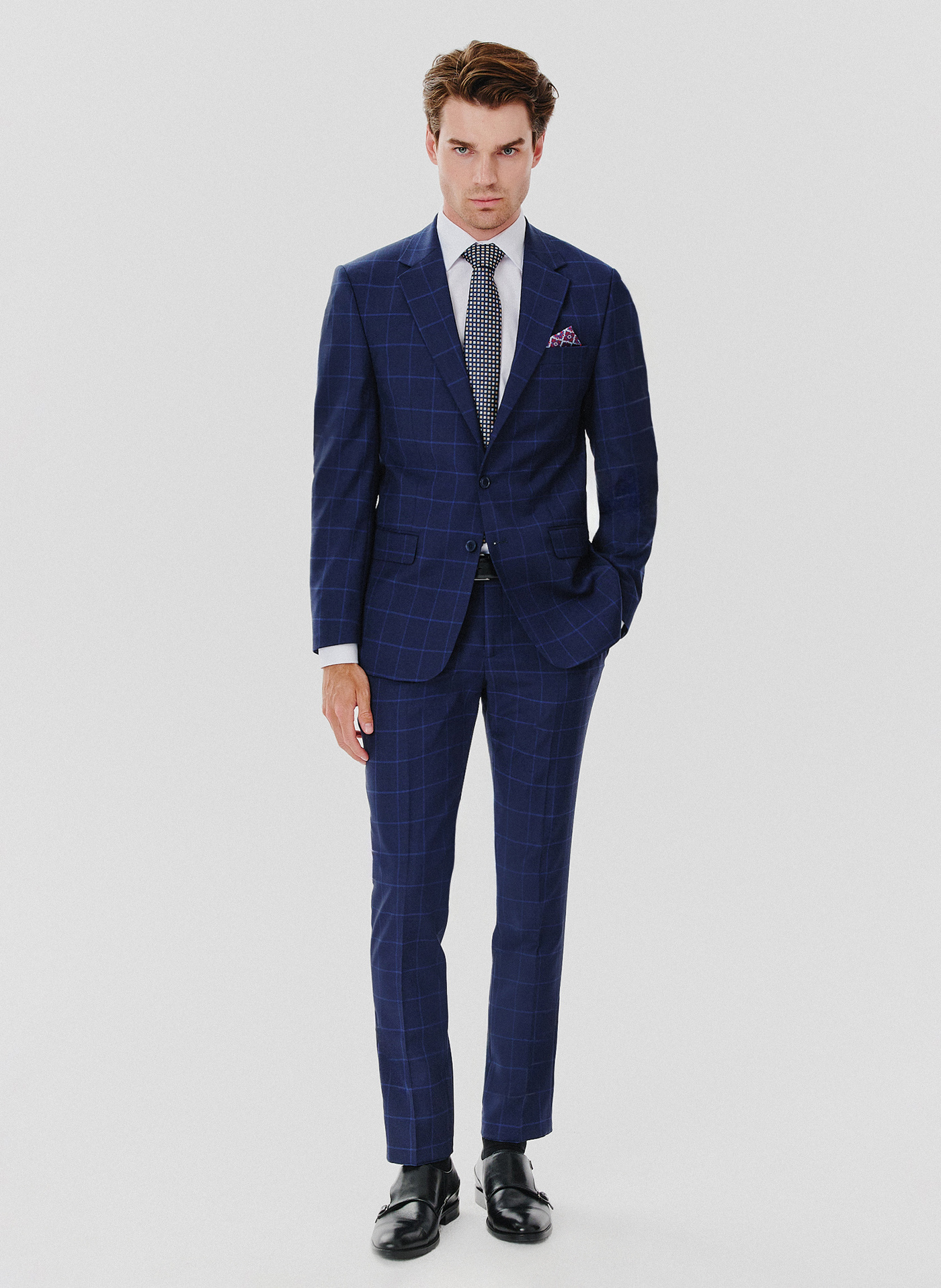 PAKO LORENTE – Granatowa marynarka garniturowa w niebieską kratkę