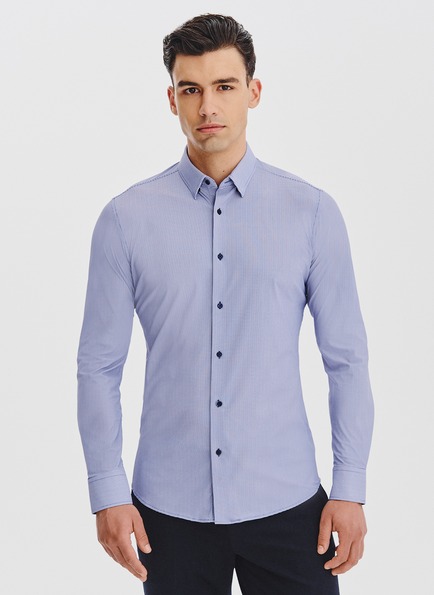 PAKO LORENTE – Granatowa dzianinowa koszula w pepitkę