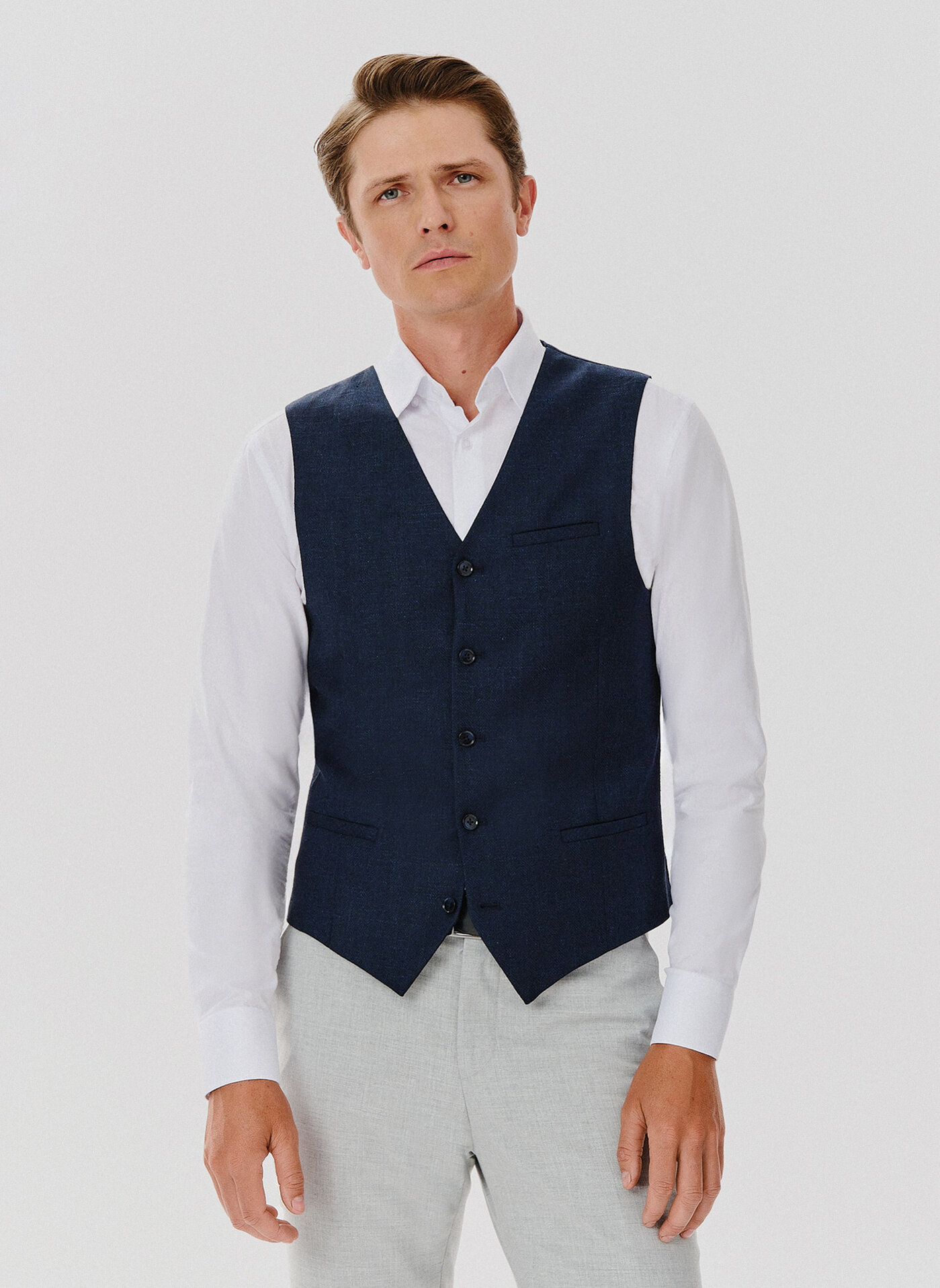 PAKO LORENTE – Jednorzędowa kamizelka męska w kolorze granatowym