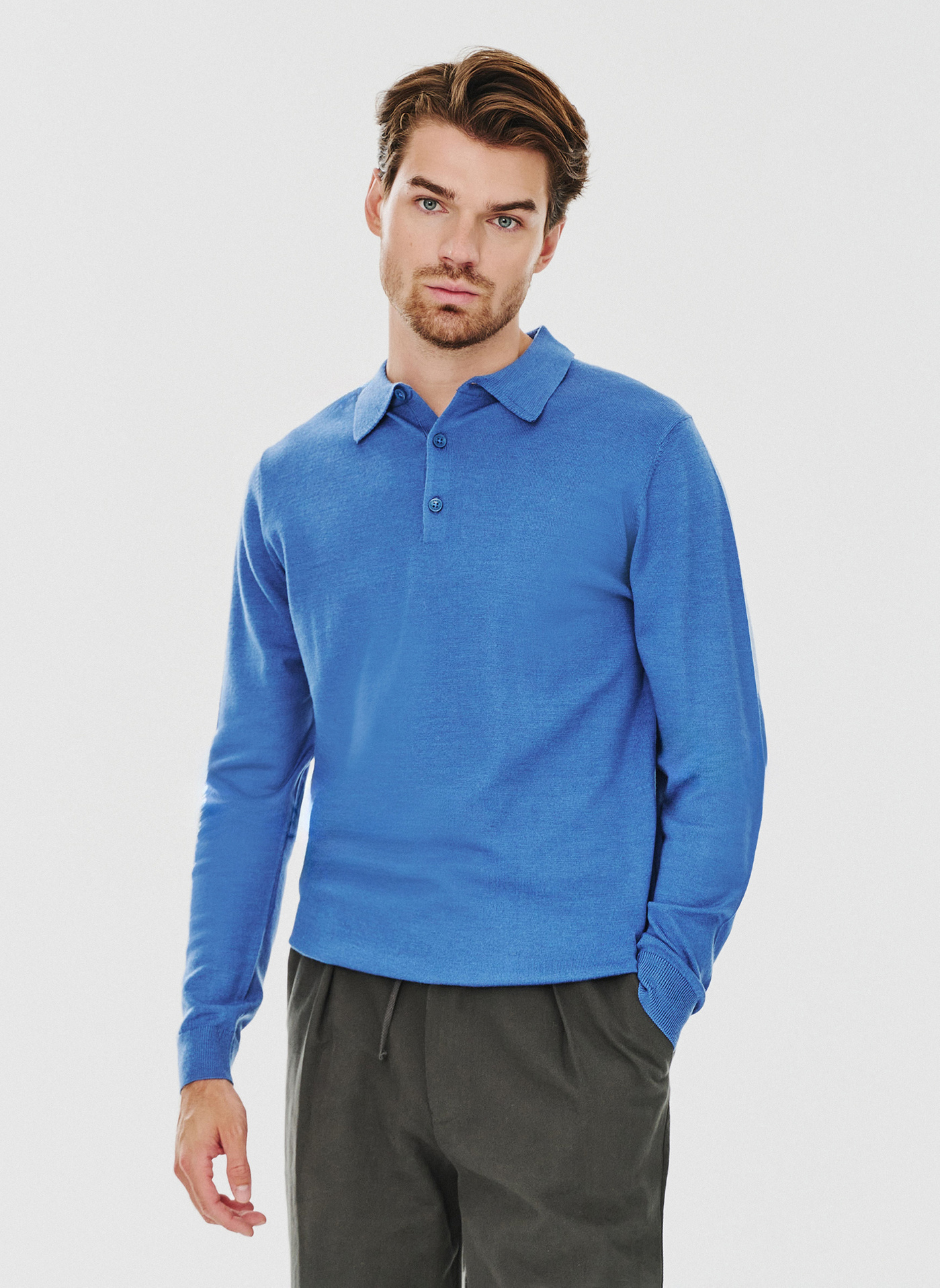 PAKO LORENTE – Męski niebieski sweter z kołnierzykiem polo