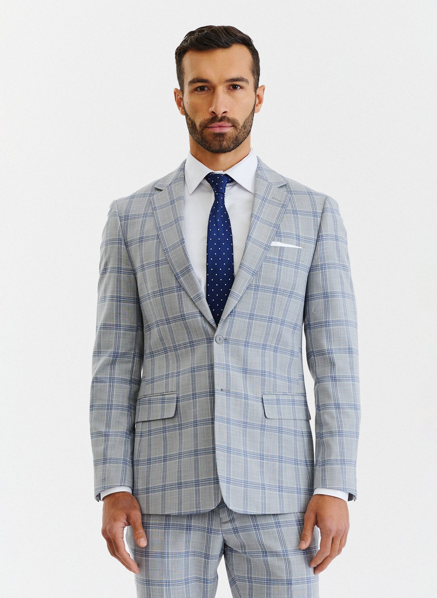 PAKO LORENTE – Szara marynarka garniturowa w niebiesko-białą kratę
