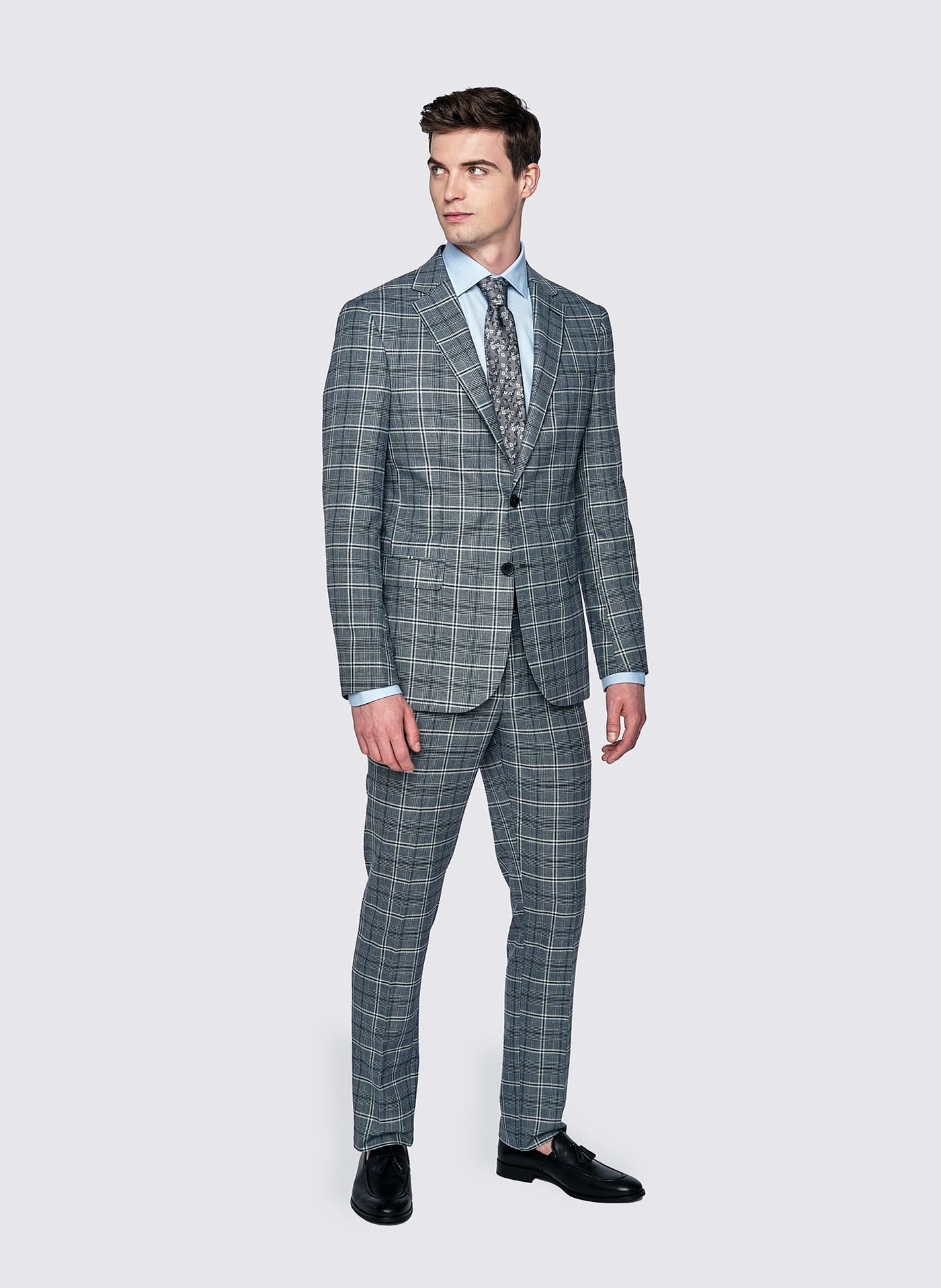 PAKO LORENTE – Szare spodnie garniturowe w granatową kratę