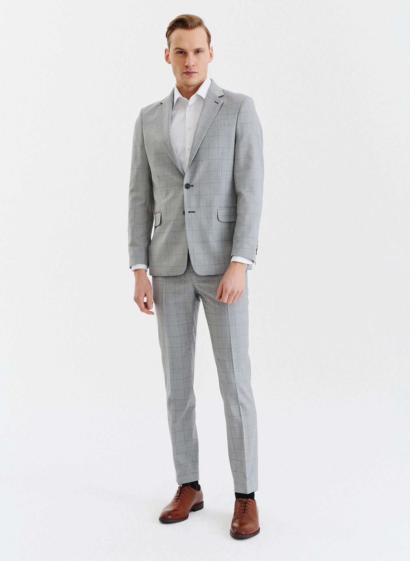 PAKO LORENTE – Szare wełniane spodnie garniturowe w kratę