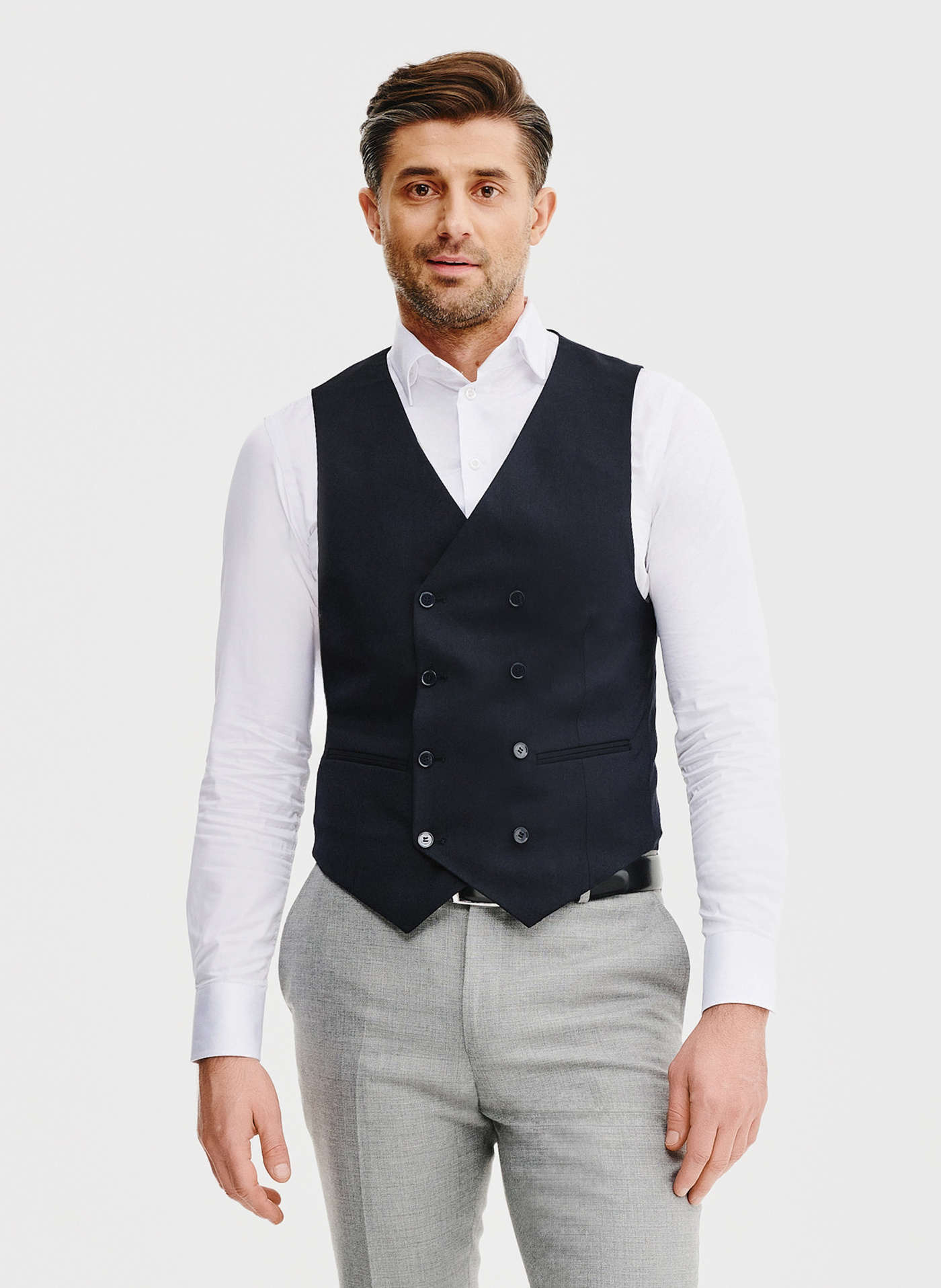 PAKO LORENTE – Granatowa dwurzędowa kamizelka męska