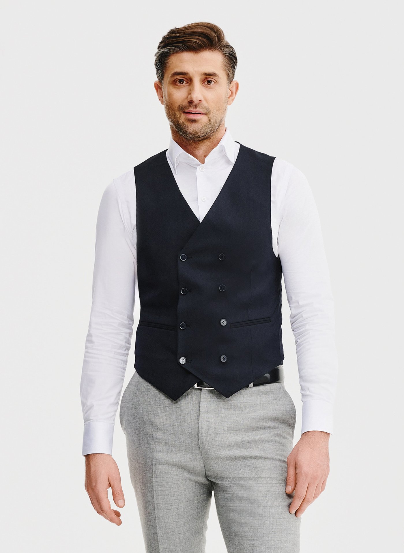 PAKO LORENTE – Granatowa dwurzędowa kamizelka męska