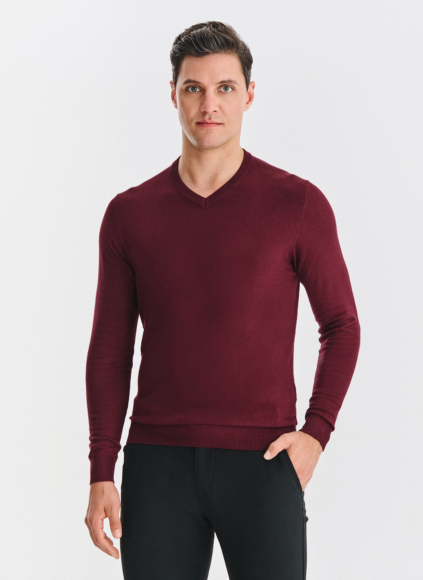 PAKO LORENTE - Bordowy sweter męski v-neck