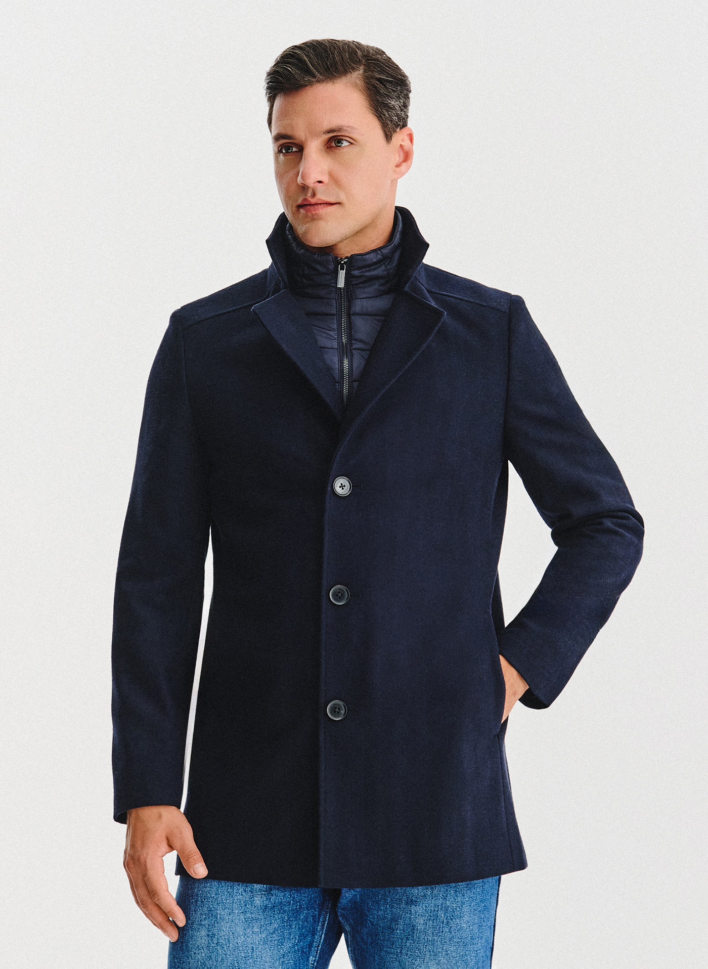 PAKO LORENTE - Granatowy wełniany płaszcz ze stójką