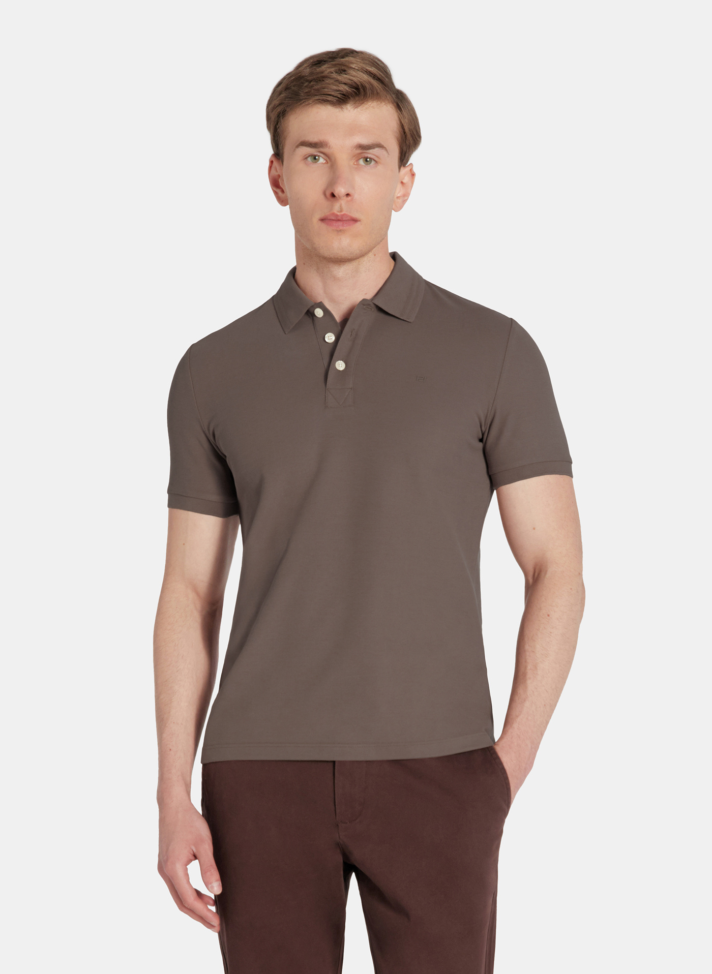 PAKO LORENTE - Brązowy t-shirt polo na trzy guziczki