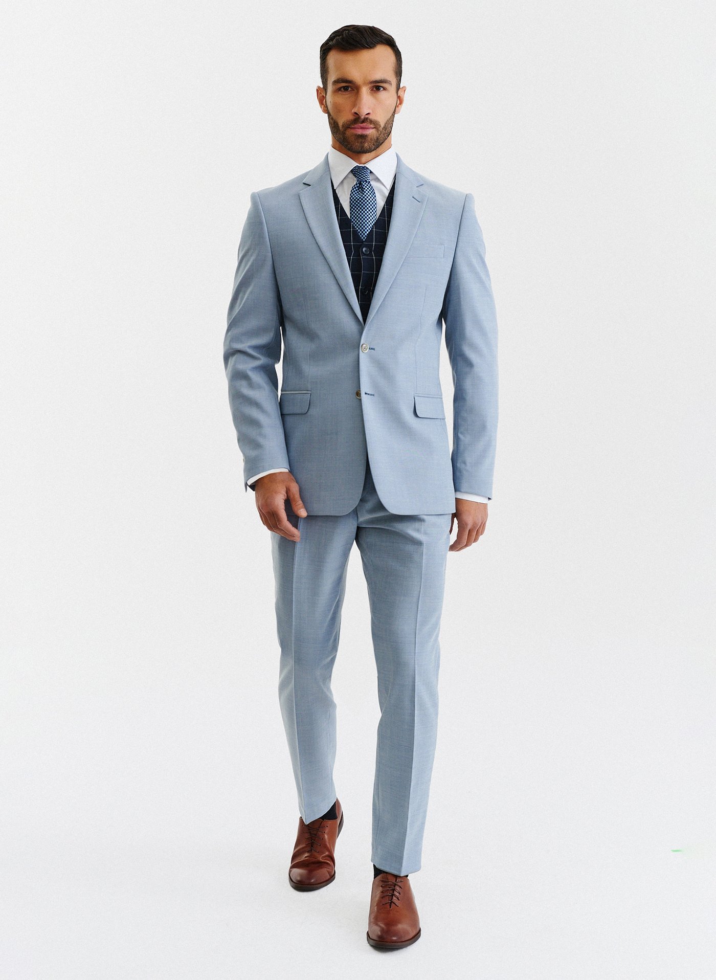 PAKO LORENTE – Błękitne spodnie garniturowe o widocznej strukturze