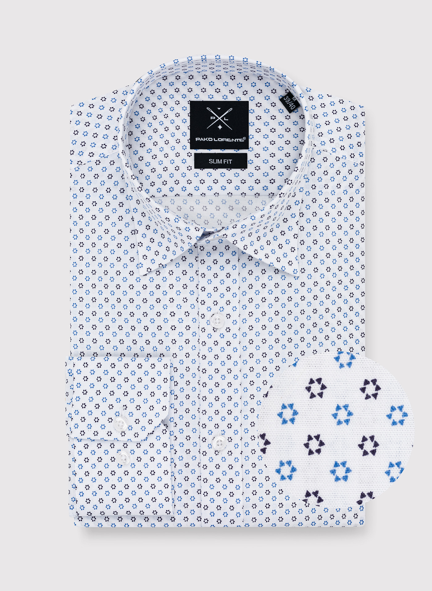 PAKO LORENTE – Biała koszula niebieskie trójkąty