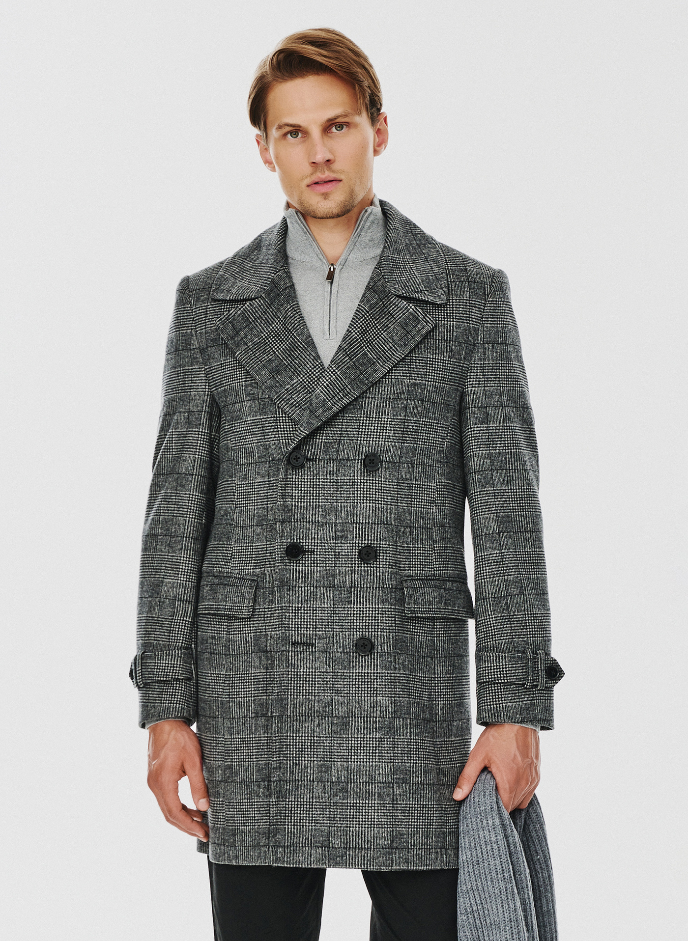 PAKO LORENTE – Szary męski płaszcz w kratę