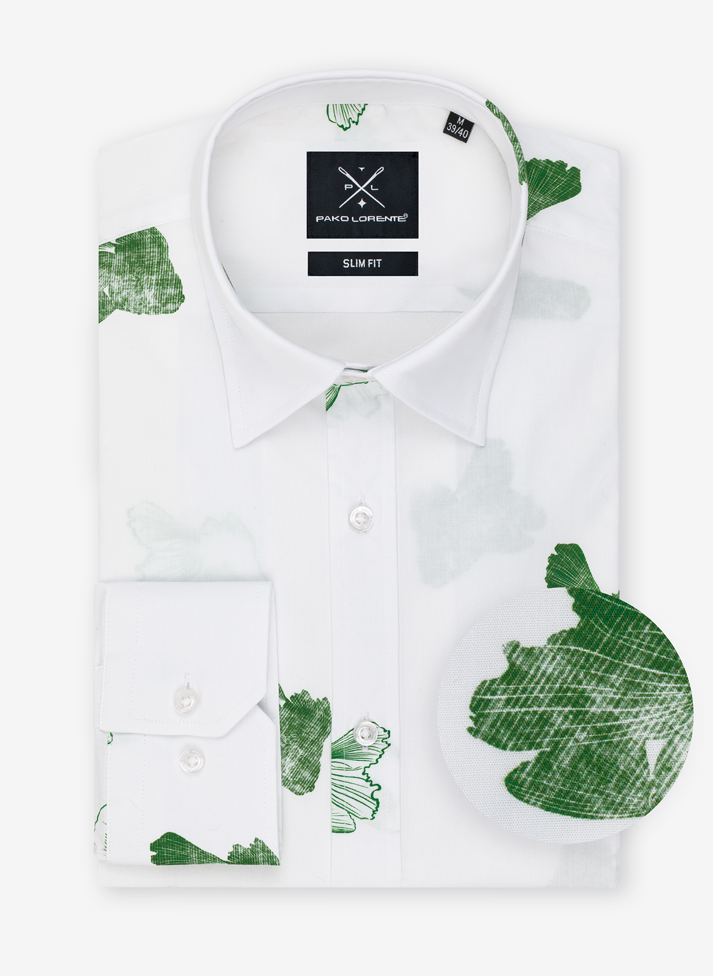 PAKO LORENTE – Biała koszula męska w zielone ryby P22SF-1X-028-B-S