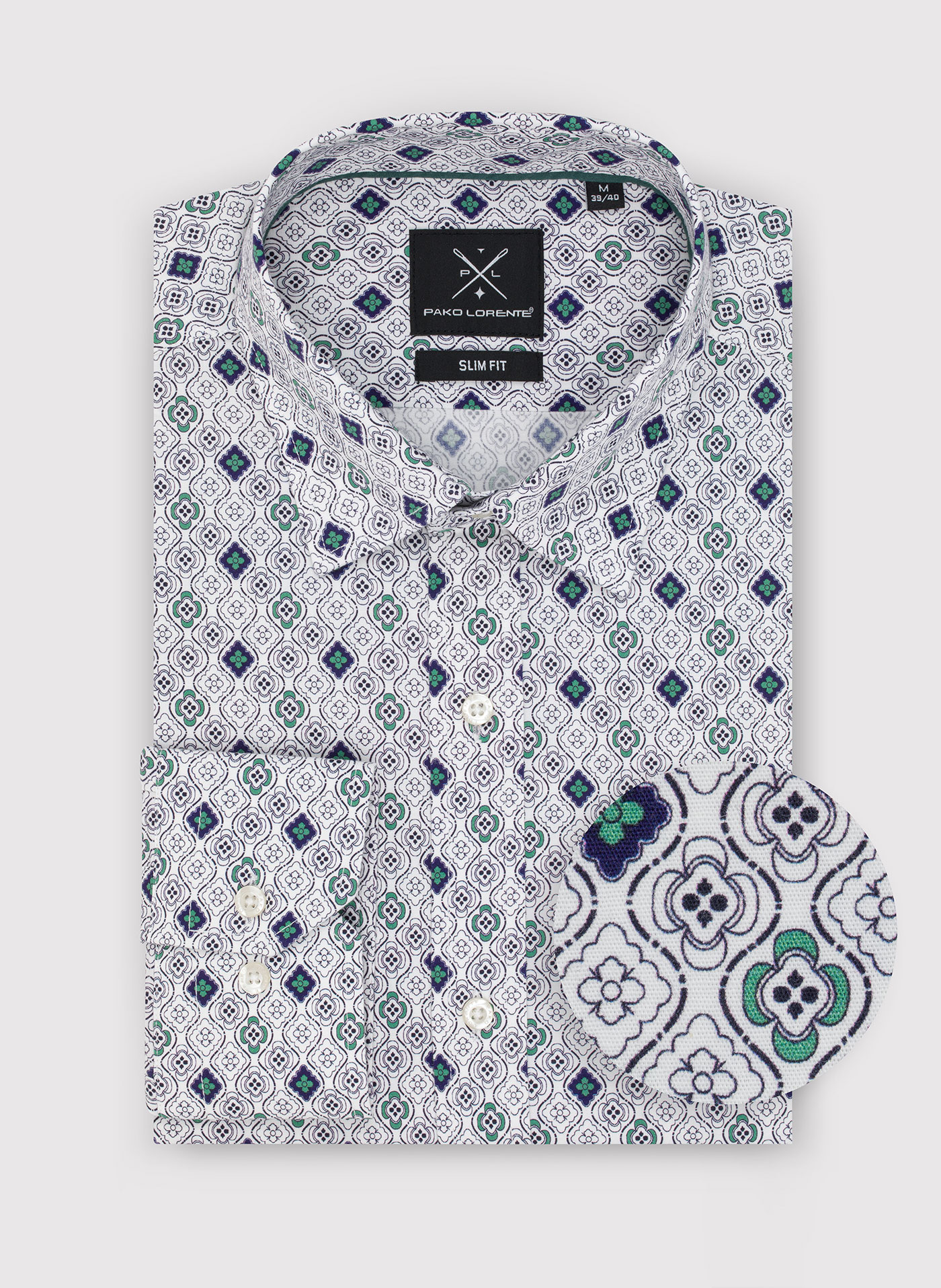 PAKO LORENTE – Męska koszula w kolorze białym w granatowo-zielony wzór