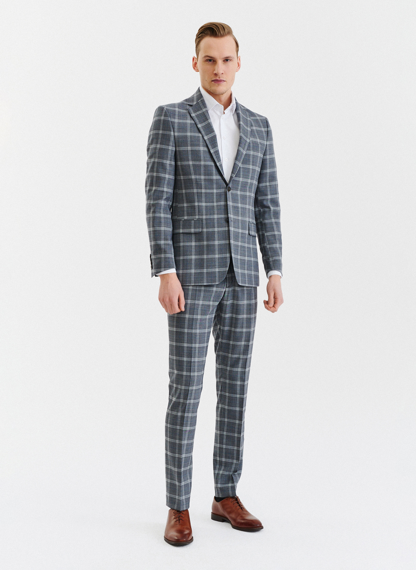 PAKO LORENTE – Szare spodnie garniturowe w kratę z wełną