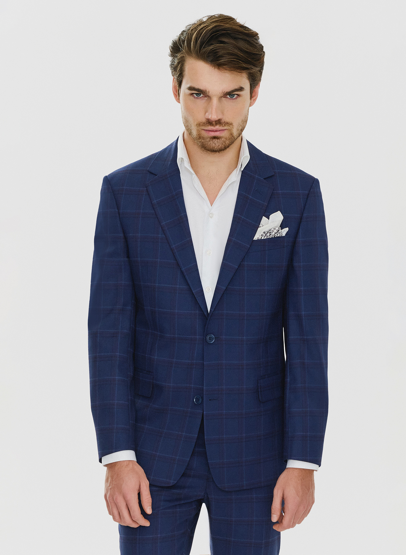 PAKO LORENTE – Granatowa marynarka garniturowa w czerwono-niebieską kratkę
