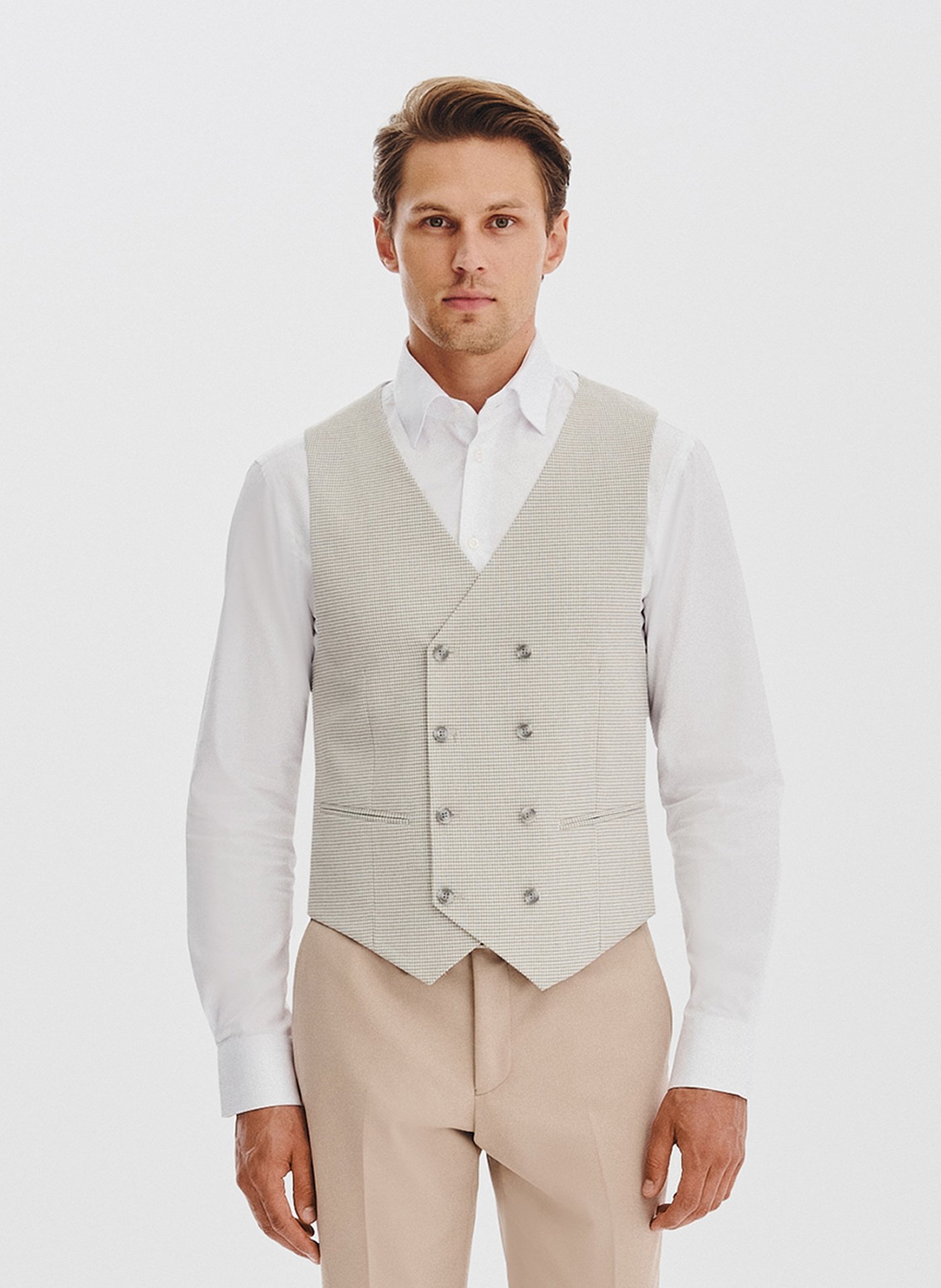 PAKO LORENTE - Beżowa dwurzędowa kamizelka w drobną kratę