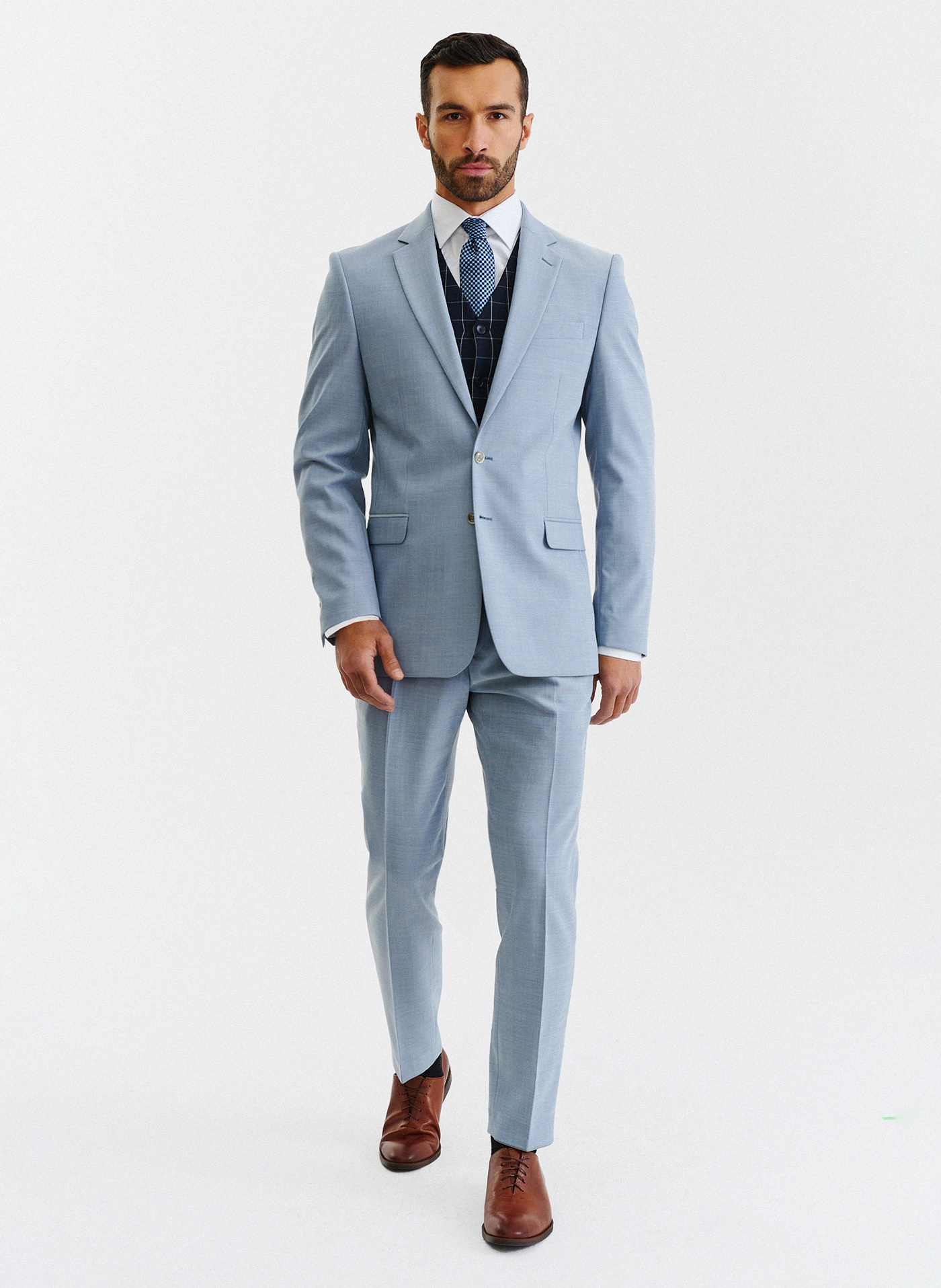 PAKO LORENTE – Błękitne spodnie garniturowe o widocznej strukturze