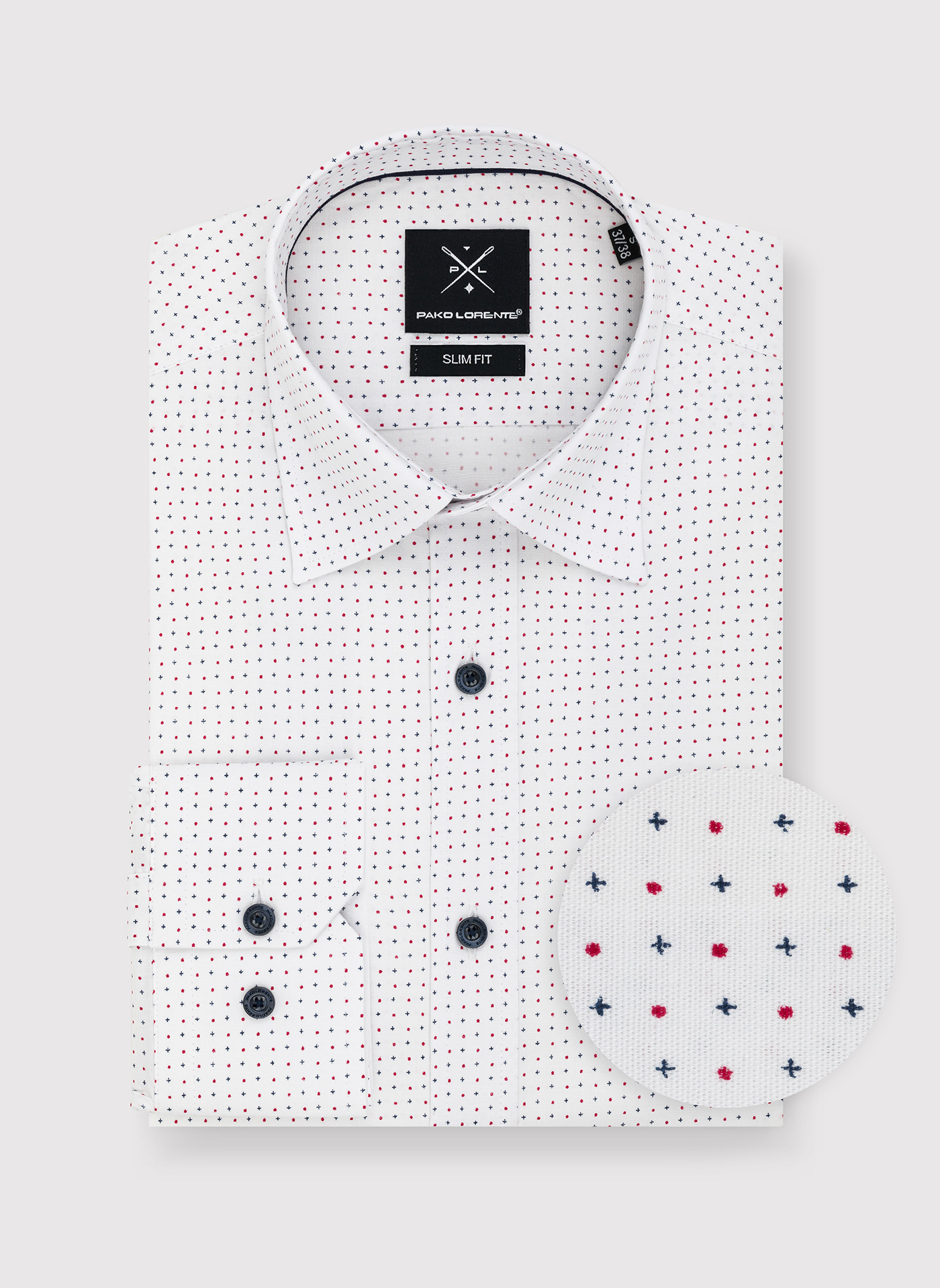 PAKO LORENTE – Biała koszula w granatowo-czerwony mikrowzór